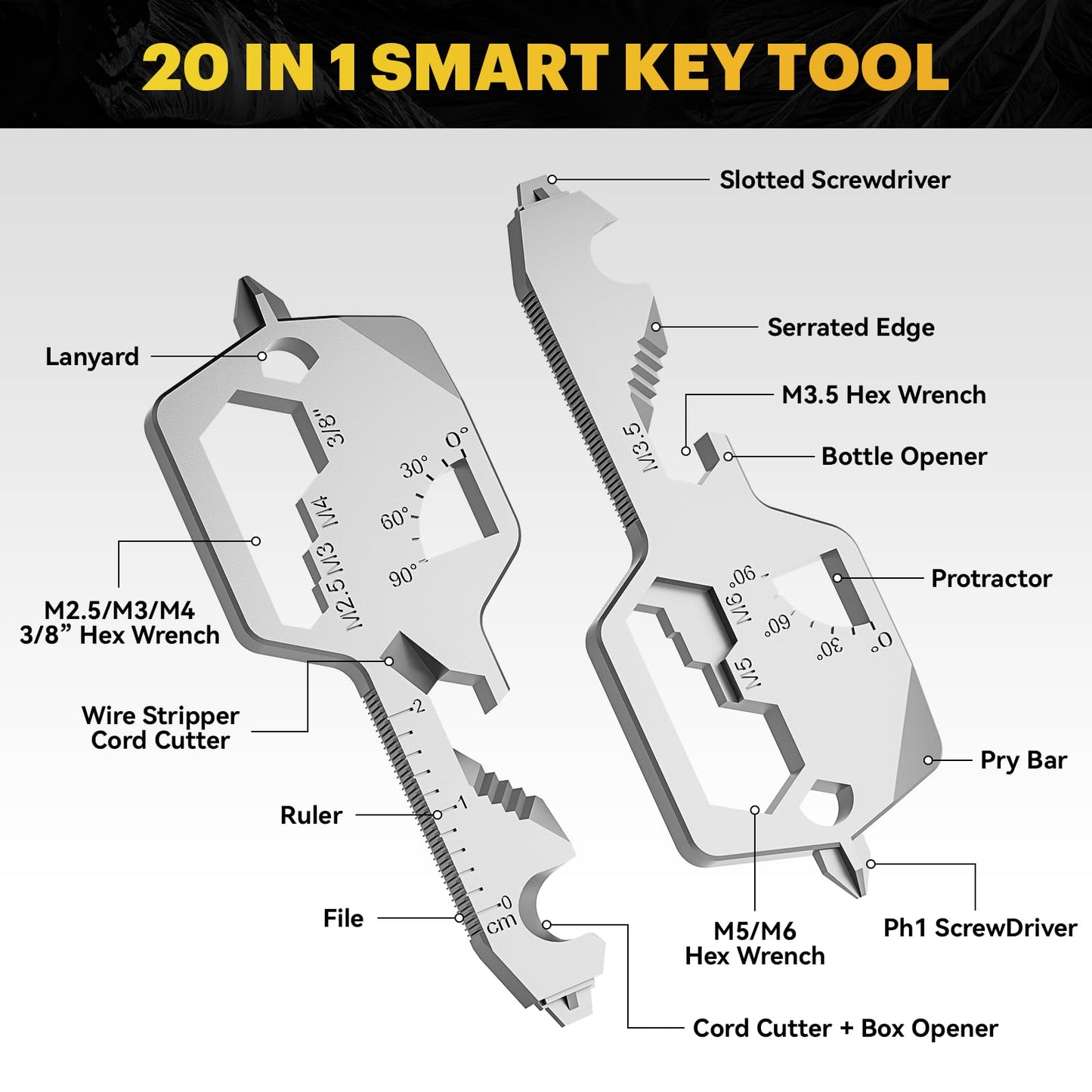 Key Shaped Pocket MultiTool 20-in1 Multi Tool, Stainless Steel Keychain Utility Gadget,Gift for Men, Women, Father,Groomsmen, Valentine's, Birthday, Christmas (Silver)