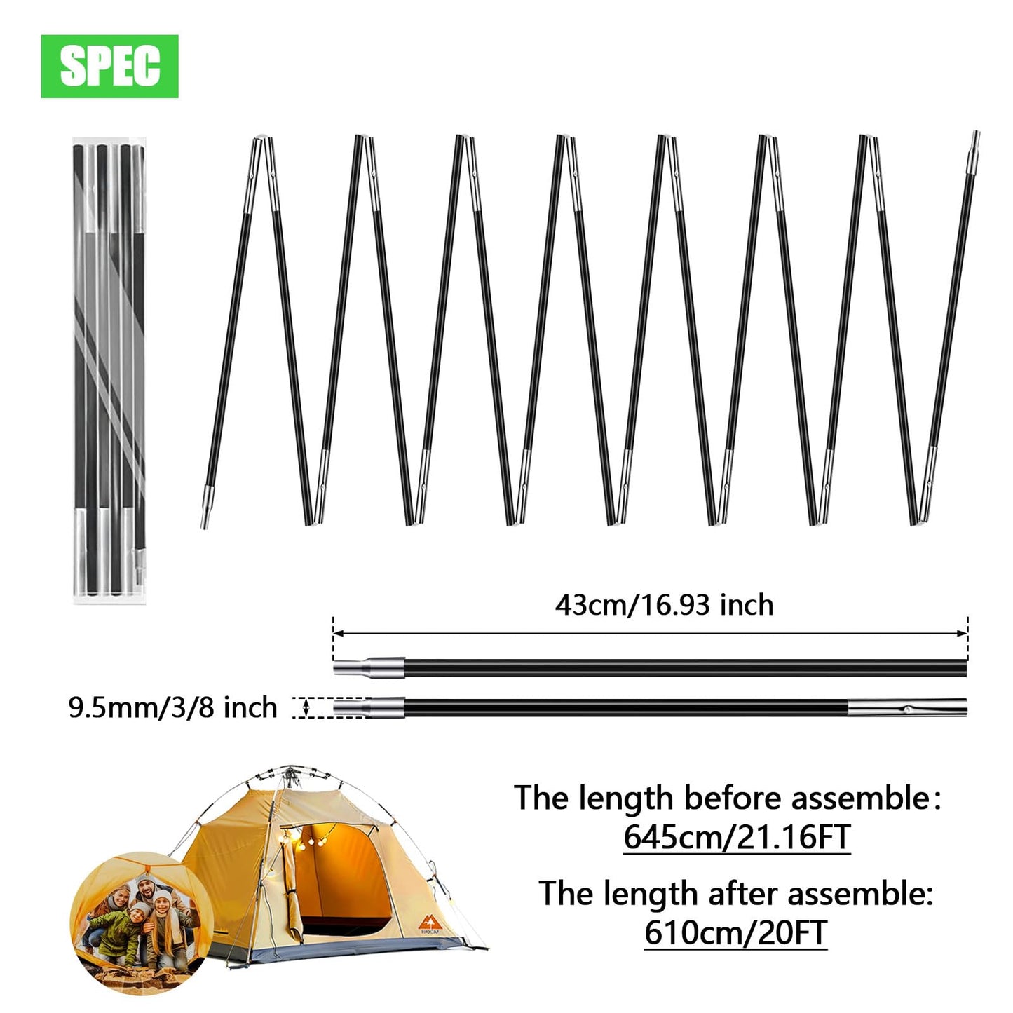 2PCSX20Feet Length,Tent Pole,Kids Tent Replacement Poles for Kids Tent , 9.5mm ,Hiking and Camping Tarp,Suitable for All Kinds of Outdoor Camping Tent;15 Poles Included; (2PCSX20Feet Length)