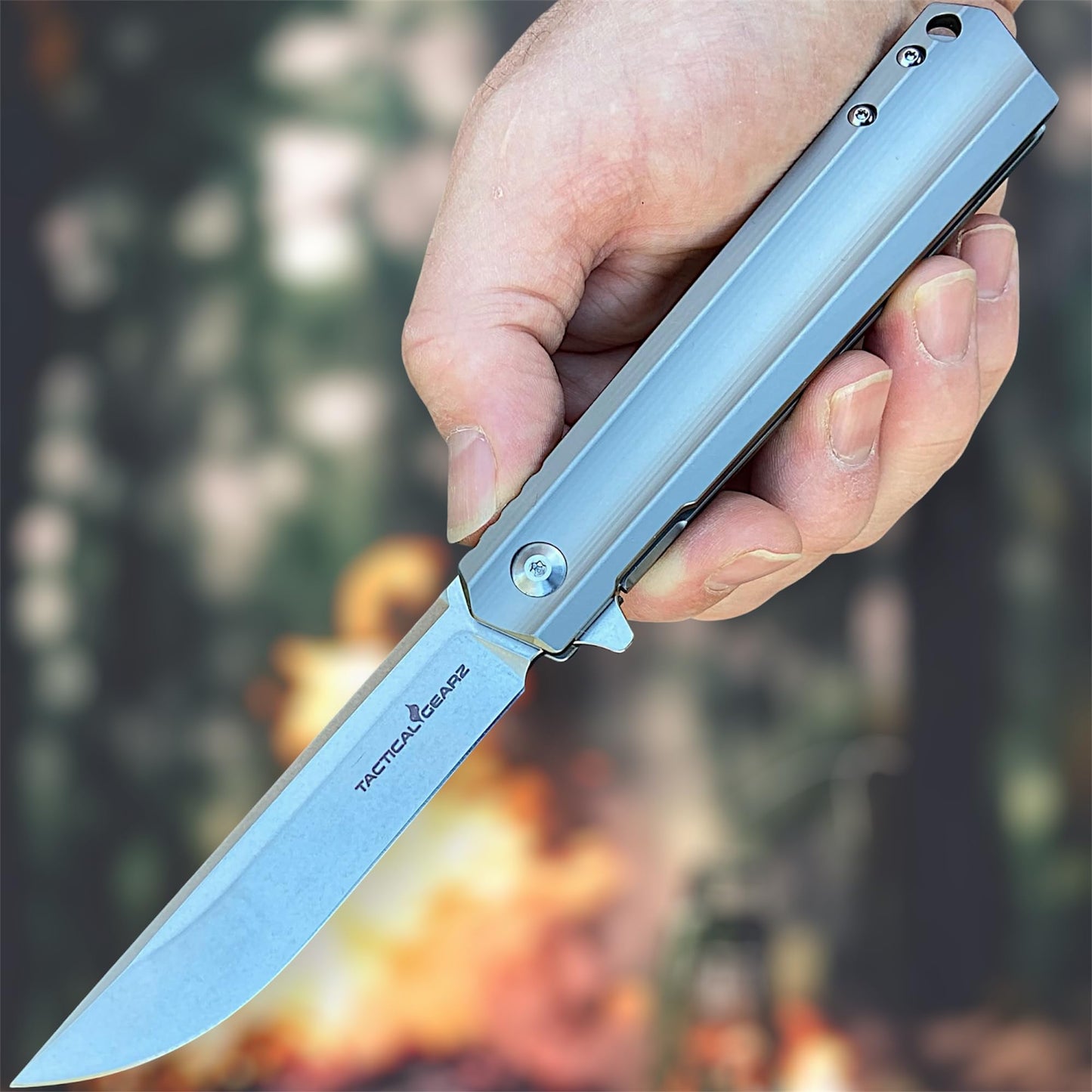 TACTICAL GEARZ Titanium Pocket Knife for EDC, Solid Tc4 Titanium Handle, Stonewashed D2 Steel Blade, Includes Sheath (Titan)