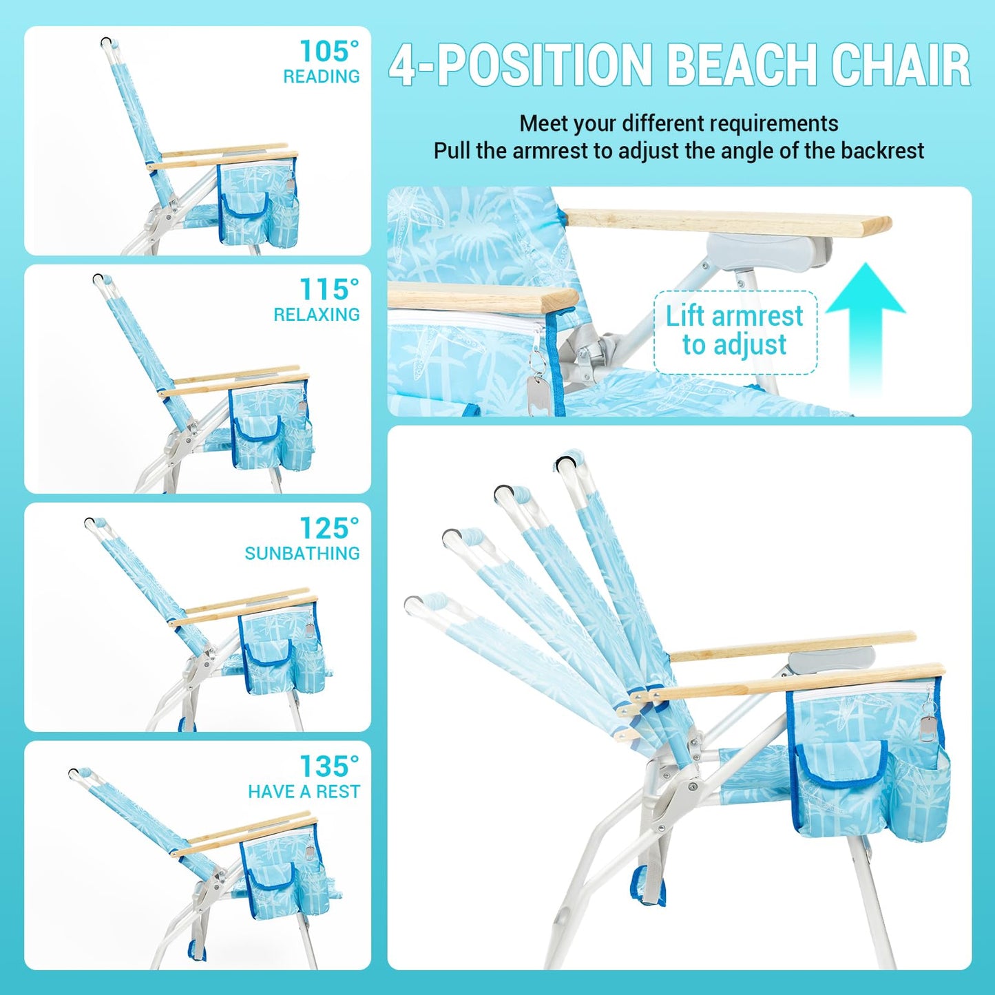 #WEJOY High Back Beach Chair, 4 Position Adjustable Heavy Duty Aluminum Folding Backpack Camping Chairs with Wooden Armrest, Storage Bag & Cup Holders for Outdoor Travel Fishing (Blue White)