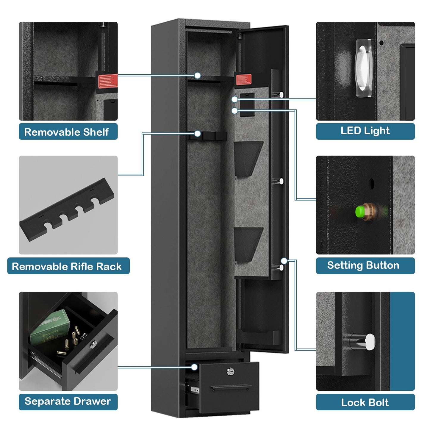Gun Safe for Rifles and Pistols Gun Safes for 4 Rifles Gun Cabinet for Rifles and Shotguns Steel Rifle Safes for Home Clearance Gun Safe Gun Safes & Cabinets with Drawer Removable Shelf Gun Rack