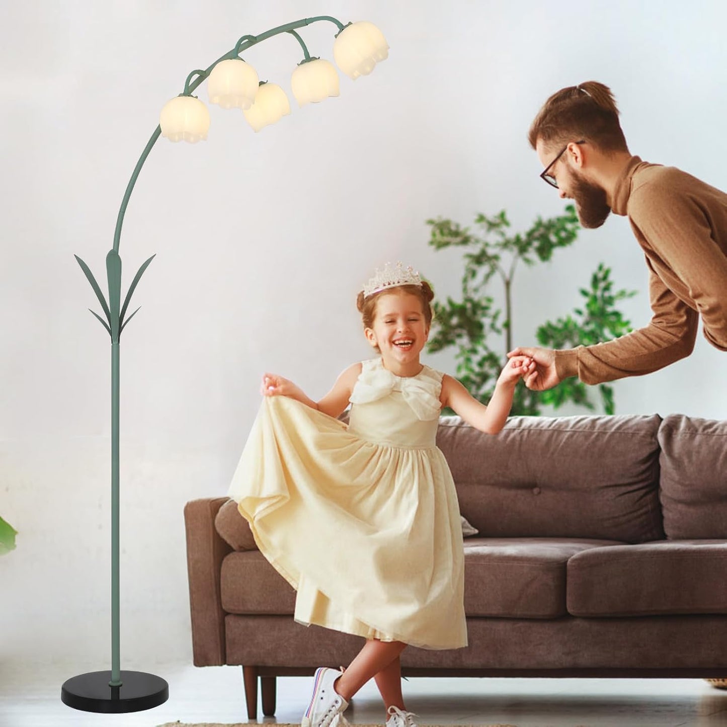 HMVPL Arc Floor Lamp for Living Room, Flower Floor Lamp with 5 G9 LED Bulbs, Foot Switch, Green Floral Standing Lamp with Acrylic Shade, Curved Tall Lamp for Living Room Bedroom Corner Kids Reading