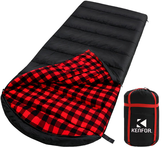 KENFOR 0 Degree Sleeping Bag 100% Cotton Big and Tall Flannel XXL Cold Weather Winter Sleeping Bag for Adults Camping Zero Degree