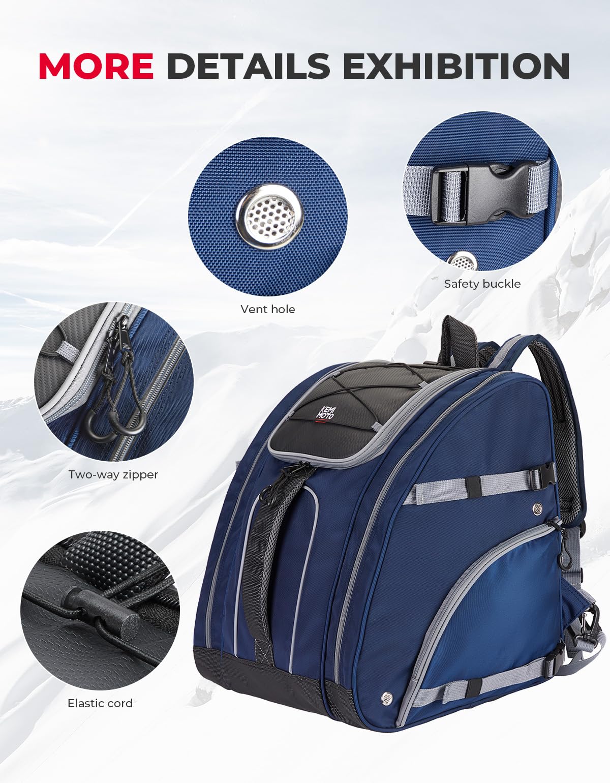 KEMIMOTO Ski Boot Bag, 55L Waterproof and Snowproof Skiing and Snowboarding Travel Luggage, Excellent for Store Ski Boots, Skiing, Snowboarding, Jacket, Helmet, Goggles, Gloves & Accessories-Blue