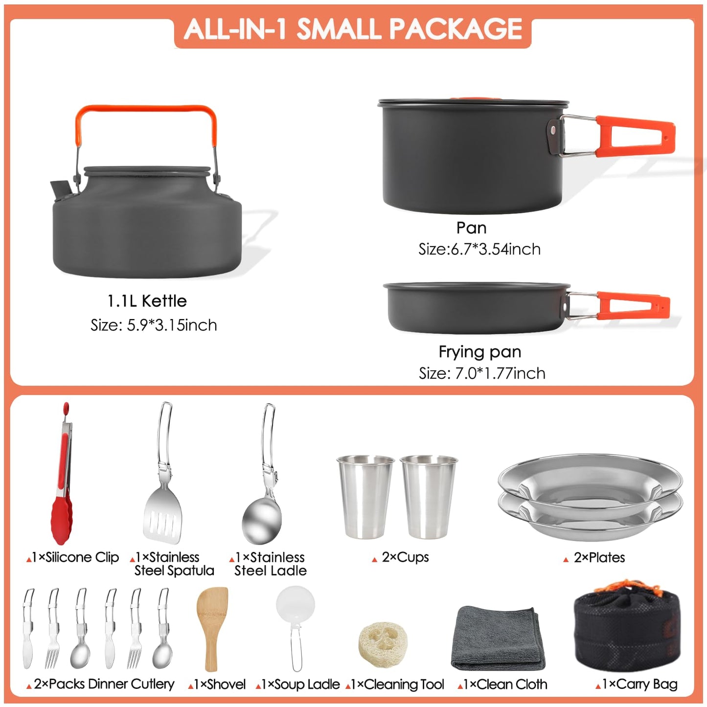 JUSFANE 20Pcs Camping Cookware Mess Kit, Non-Stick Lightweight Camping Pots and Pans with 1.1L Kettle, 2 Set Stainless Steel Cups Plates Forks Knives Spoons for Backpacking, Hiking, Outdoor Cooking