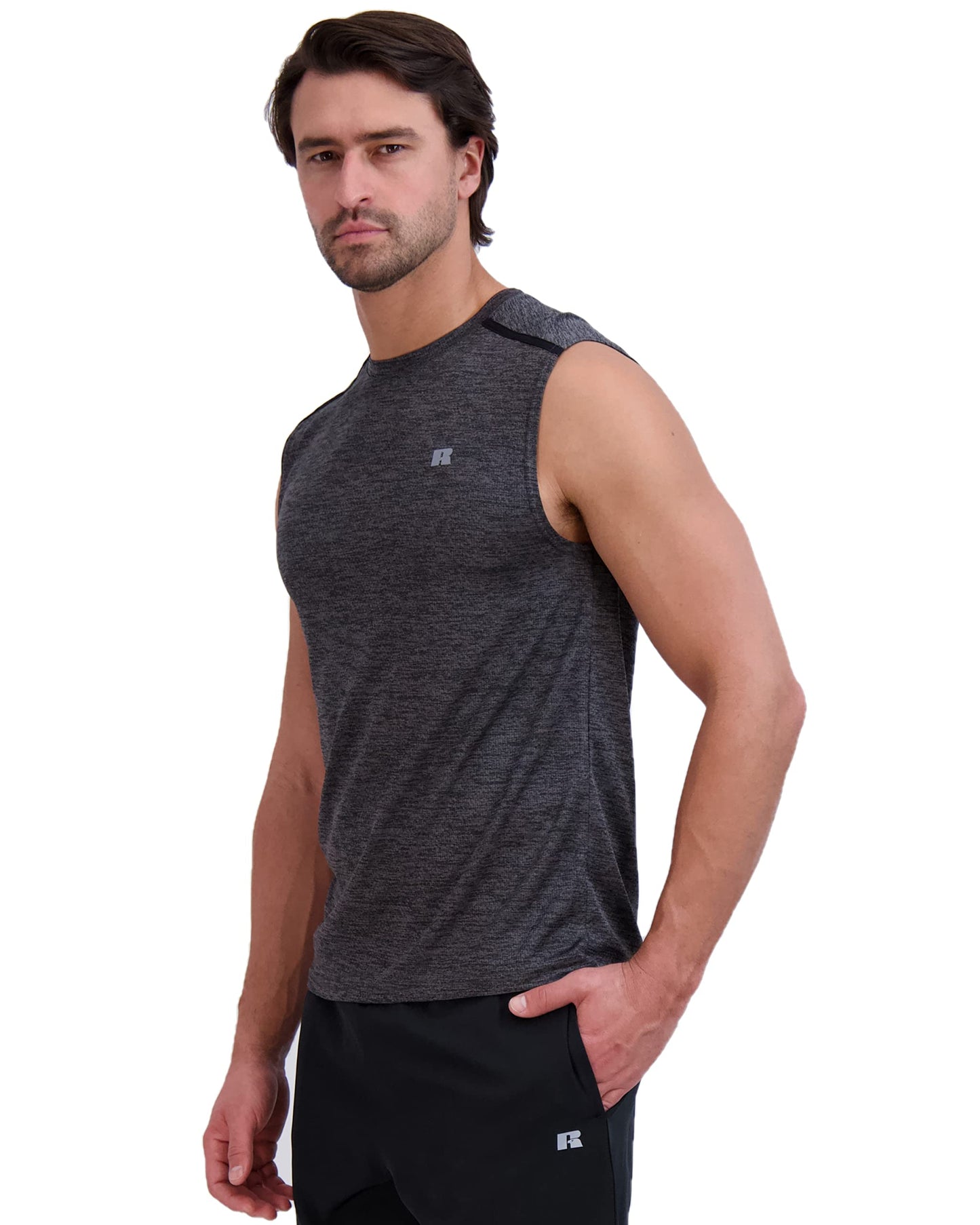 Russell Athletic Mens Dri-Power Space-Dye Short Sleeve Crew Neck Performance Muscle Tee, Black, S