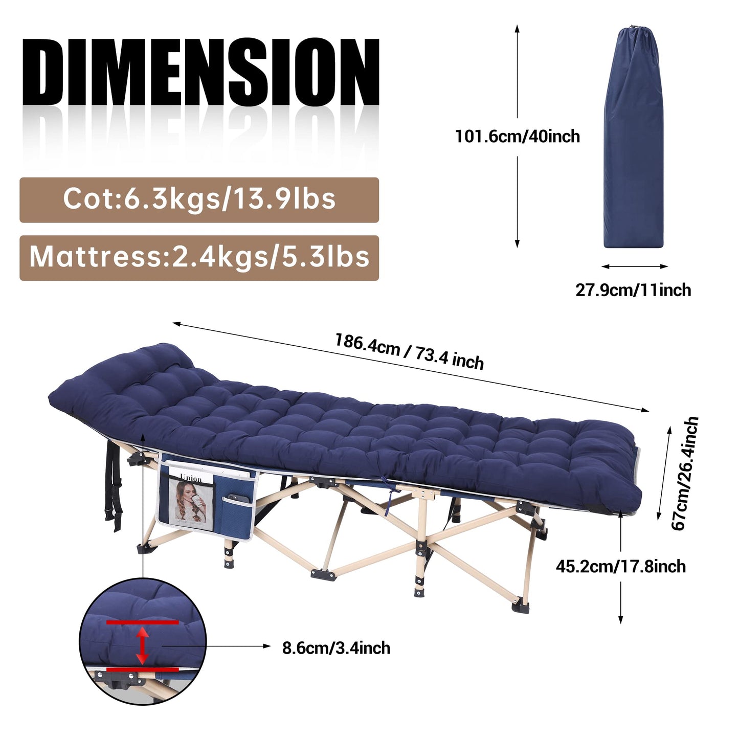 WGOS Camping Cot, Heated Camping Cot Folding Cot for Adults with Heated Mattress, Folding Bed, Carry Bag, Pillow & Side Mesh Holders Holds Weights Up to 500Lbs (Set of 1 Blue)