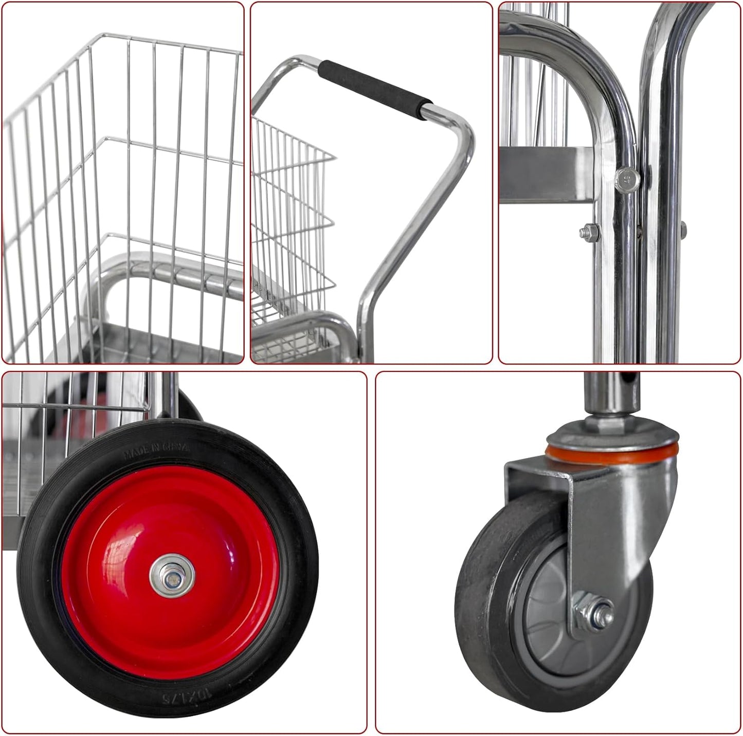 250 Lb Capacity Chrome Heavy Duty Rolling Utility Cart Mail/Office File Cart Grocery Cart with Wheels for Laundry, Shopping, Grocery, Luggage, Office, Kitchen, Restaurant