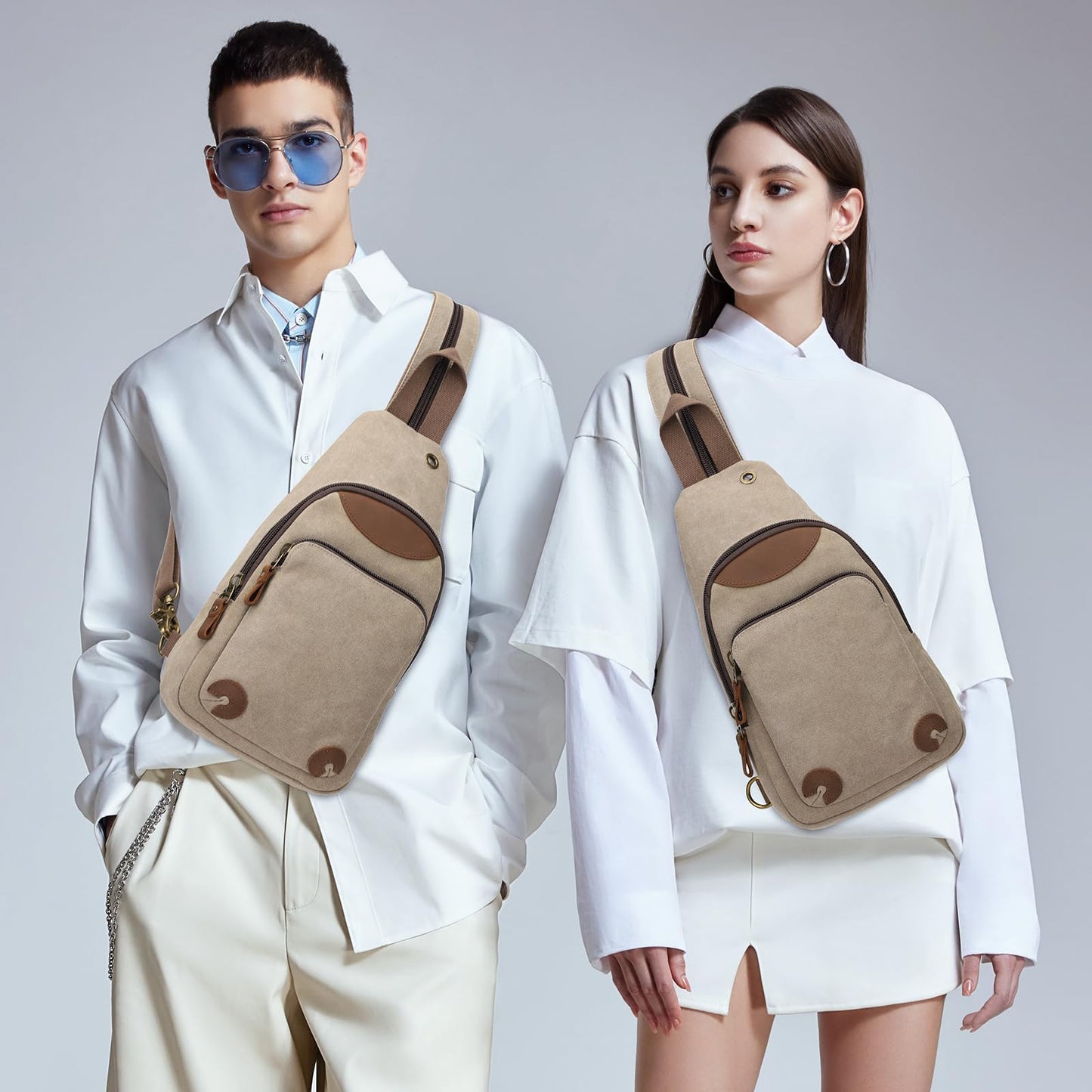 KL928 Canvas Sling Bag Crossbody Backpack Shoulder Casual Rucksack for Men Women, Khaki