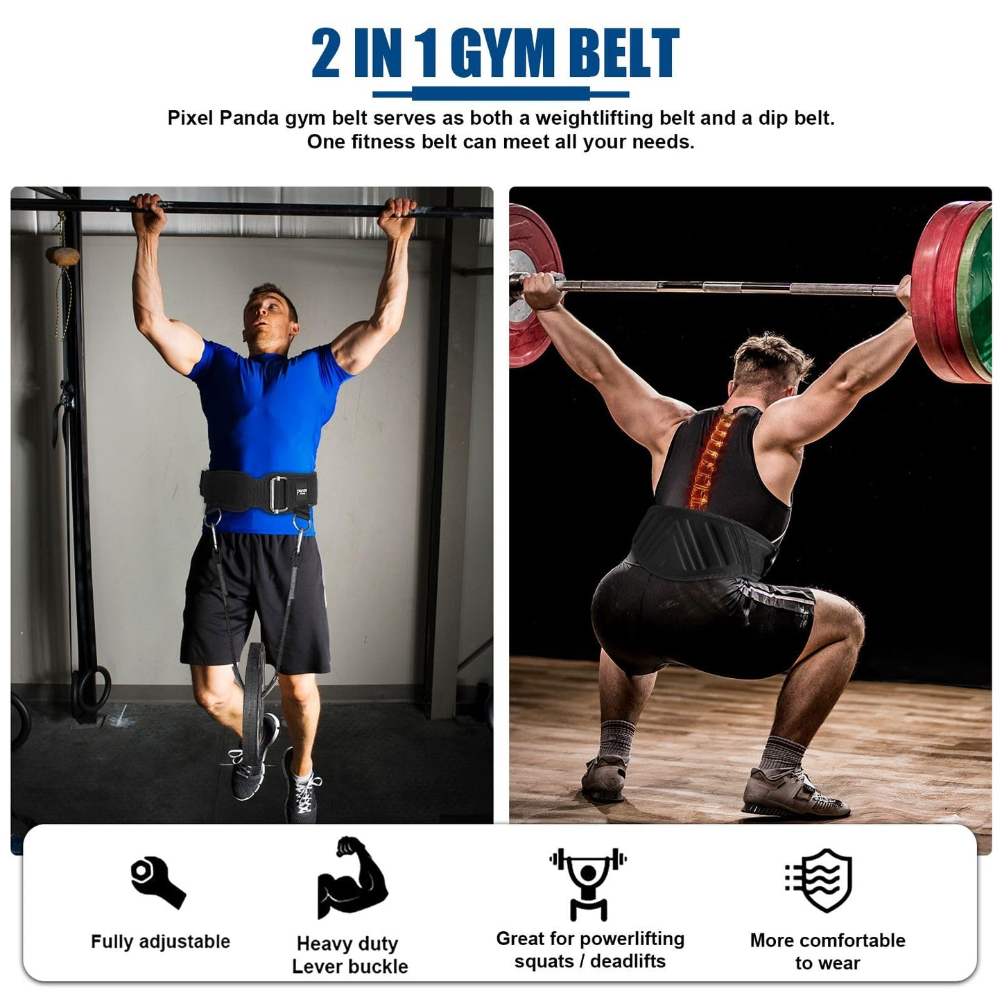 Weight Lifting Belts for Men & Women: Design Patents 2-in-1 Weightlifting & Dip Belt with Rope for Back Support, Gym Belt for Powerlifting, Pull-Ups, Squat, Training
