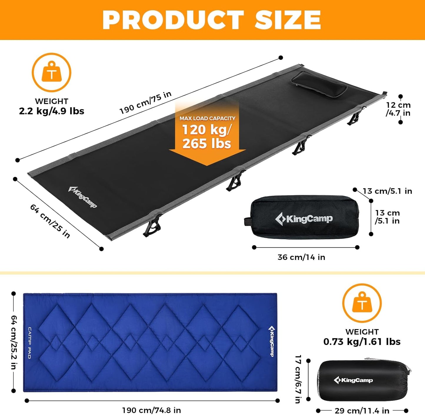 KingCamp Ultralight Camping Cot, Portable Folding Tent Camping Bed, Heavy Duty Sleeping Bed with Pillow for Adults Outdoor Backpacking Travel Hiking, Supports 350LBS, Orange