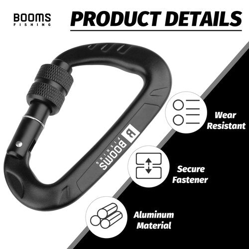 Booms Fishing Locking Carabiner Clip: 3.1" Heavy Duty Black Carabiner Clip 12kN/2697lbs Large Aluminum Carbiner for Camping Hiking Gym Hammock Key Backpack Dog Leash Carbineers Keychain Hook 4PCS CC11