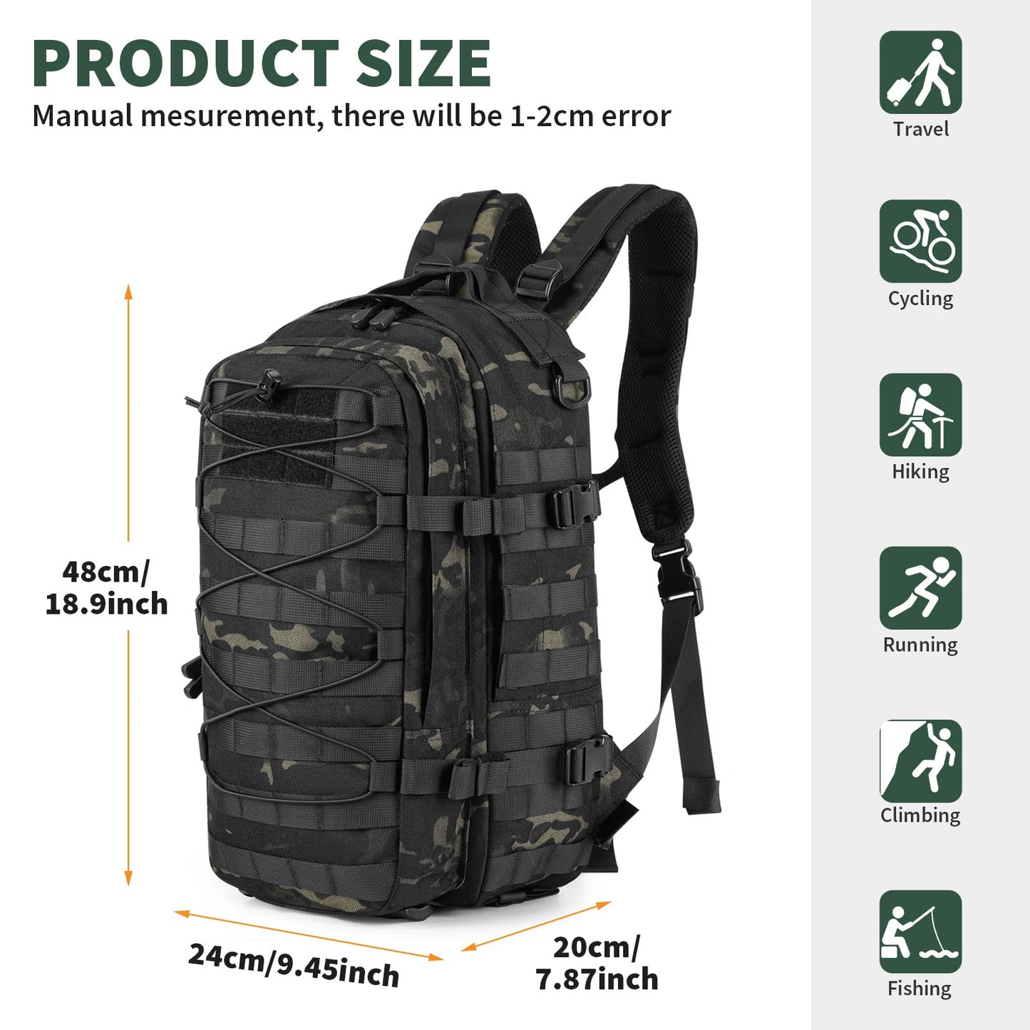 CamGo Military Tactical Backpack 25L MOLLE Hiking Daypack Trekking Rucksack Bug Out Bag for Daily Outdoor Sports (CP Black-25L)