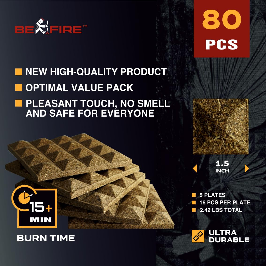 Fire Starter โข 80 pcs Natural Fire Starters 15+ Min Burn Time Firestarters for Indoor Fireplace, Campfires & Camping, Wood Stove, Grill โข Water Resistant and Long-Lasting