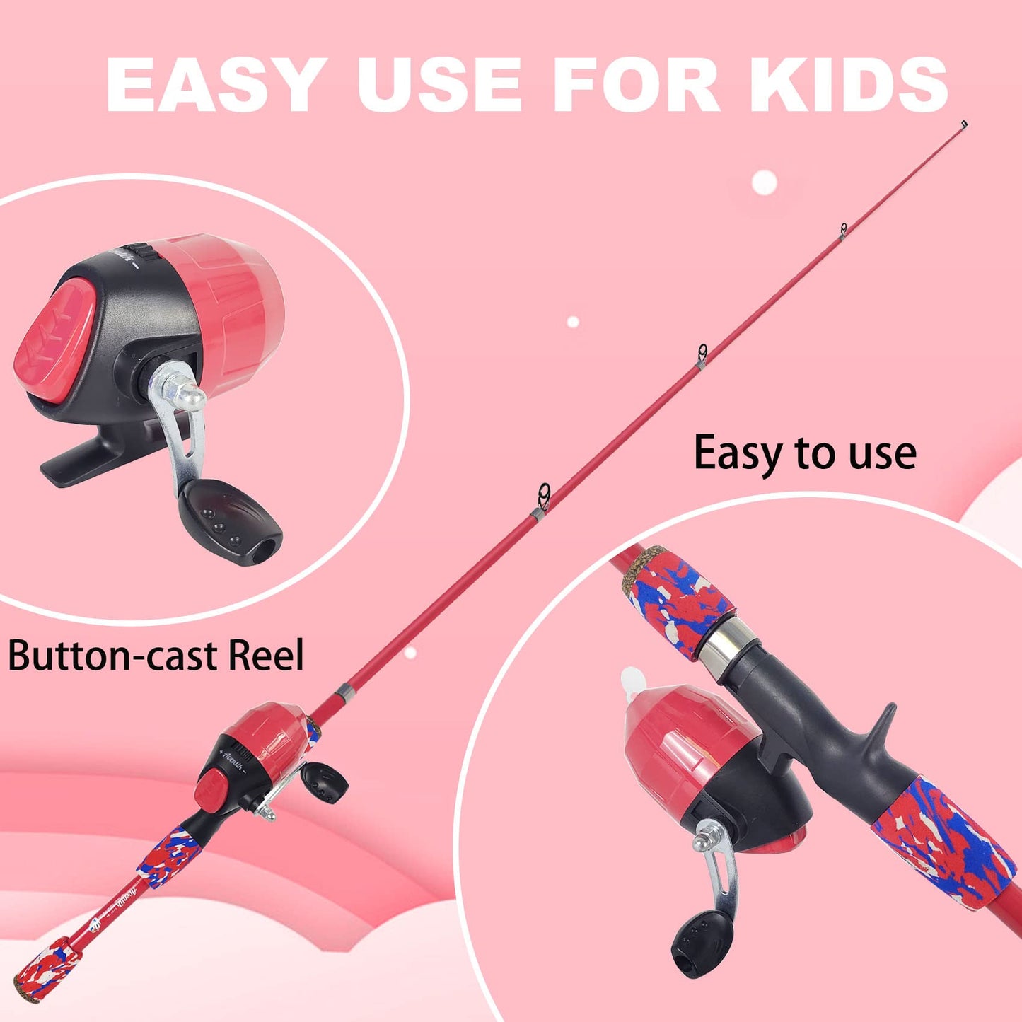 Aventik Kids Fishing Pole - Kids Fishing Starter Kit - with Tackle Box, Reel, Practice Plug, Beginner's Guide and Travel Bag for Boys, Girls (1.5M, Pink (Rod Kit))