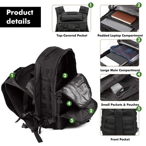 YIANTU Tactical Backpack For Men Tactical Laptop Backpack Military Backpack, 35L Capacity - Ideal For Camping, Hiking, Hunting,Travel - Fits 14" Laptop - Men's Outdoor Adventure Gear (D Black)