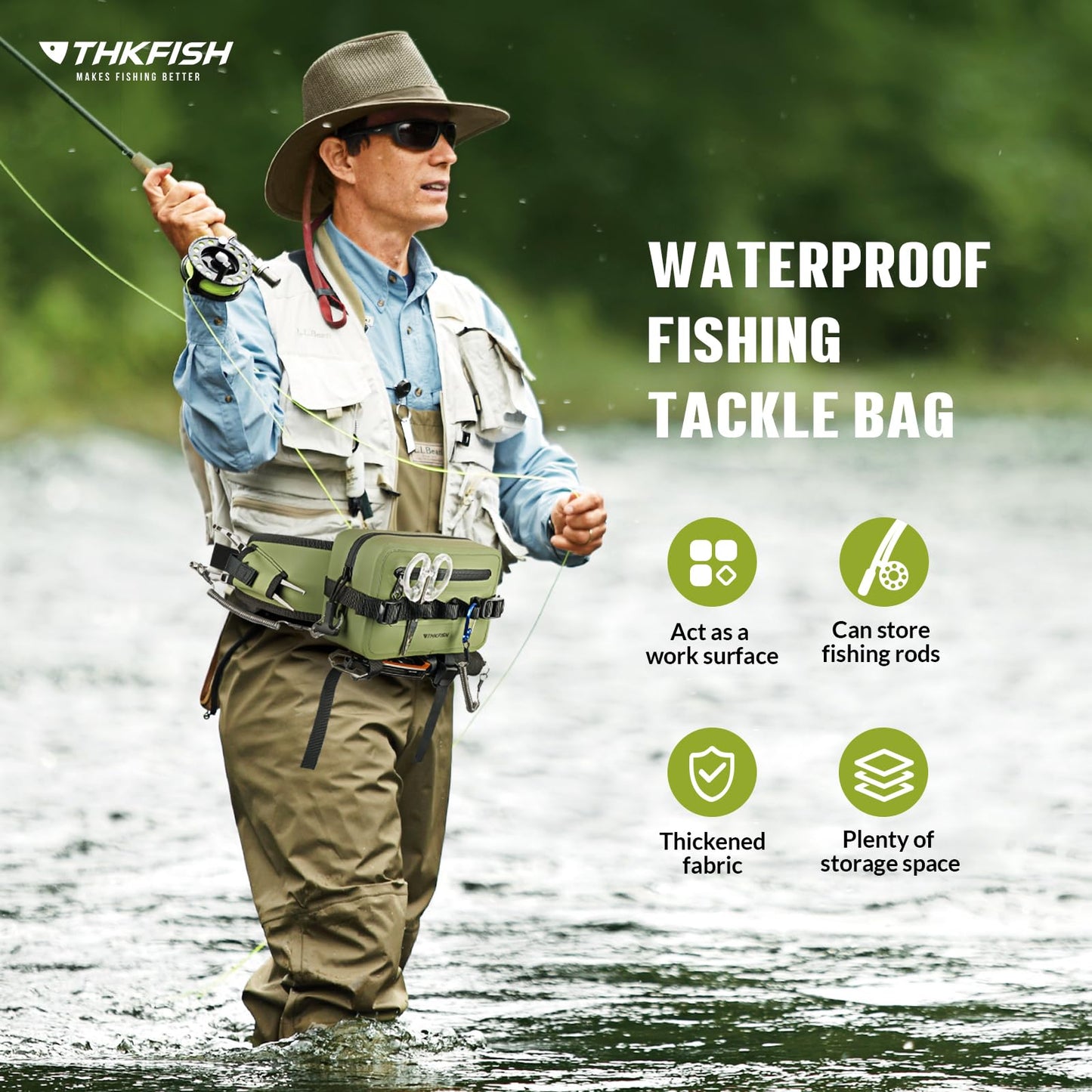 thkfish Waterproof Fishing Waist Pack,Fishing Tackle Bag Fanny Pack with Adjustable Strap Fishing Rod Holder,Airtight Zipper Closure,Lightweight Sling Fishing Waist Bag for Fly Fishing, Kayaking
