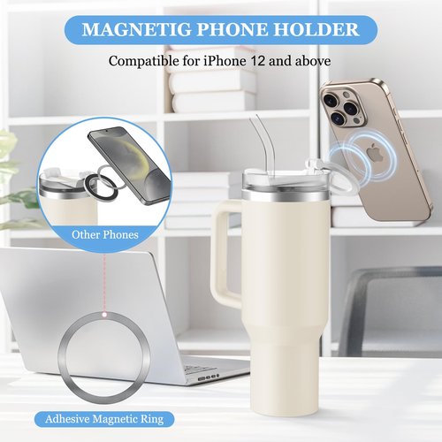UKEXE Magnetic Phone Holder for Stanley 40oz Quencher H2.0 Tumbler with Handle, Rotatable Water Bottle Stand with MagSafe Phone, Magnetic Ring (Starlight)