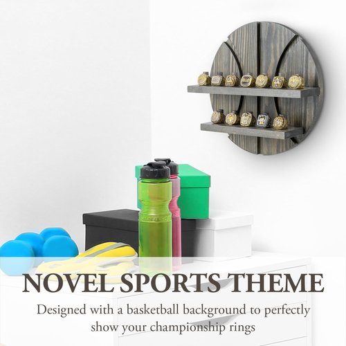 MyGift 2 Tier Basketball Ring Holder, Wall Mounted Championship Jewelry Display Case, Vintage Gray Wood Sport Rings Storage with 12 Pegs and Basketball Cutout Backing