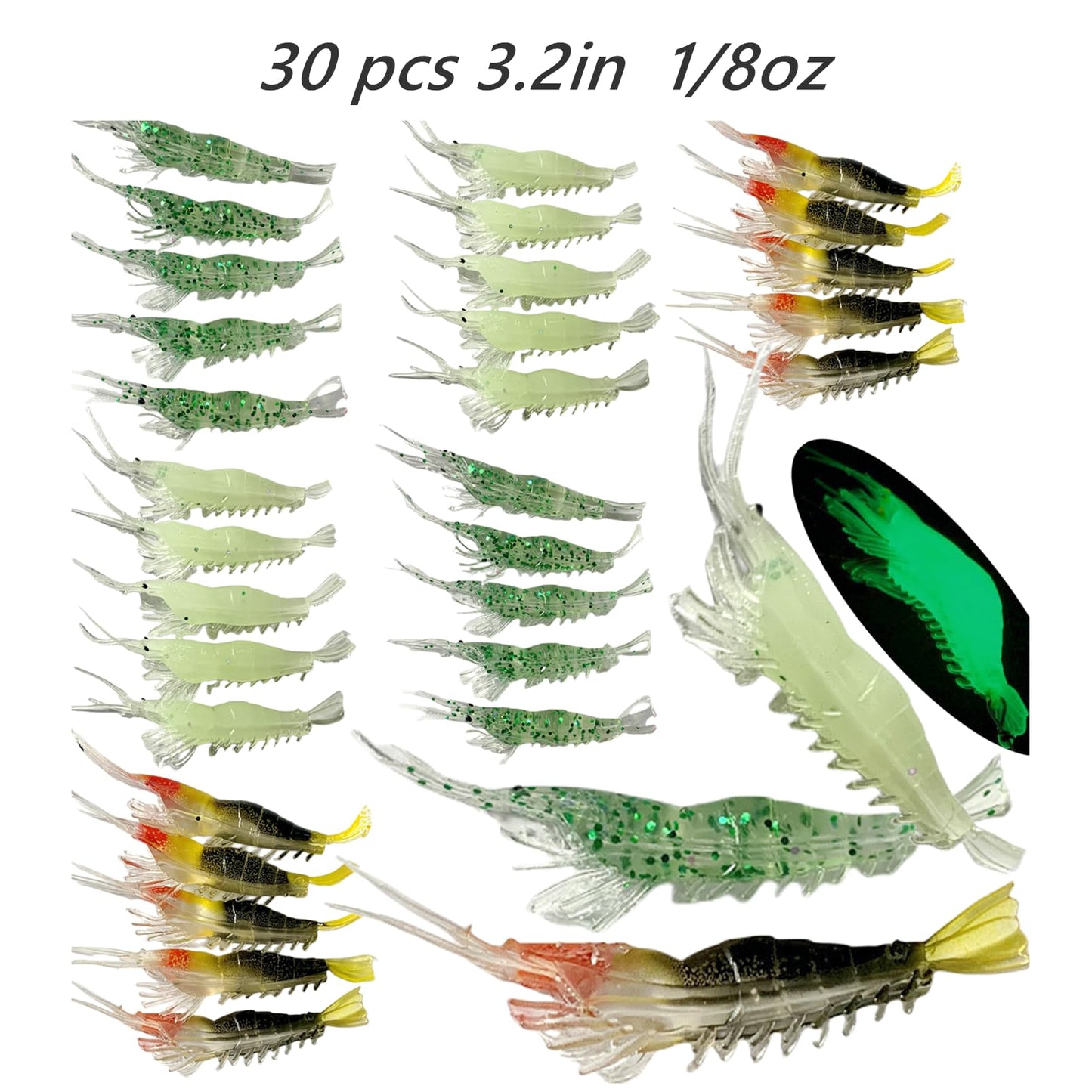 DAMIDEL 30Pcs Simulation Fishing Soft Plastic Lures Bait Kit, Lumionous Shrimp Lures Set, Universal Size 3.2in, 1/8oz, Bass Fishing Tackle