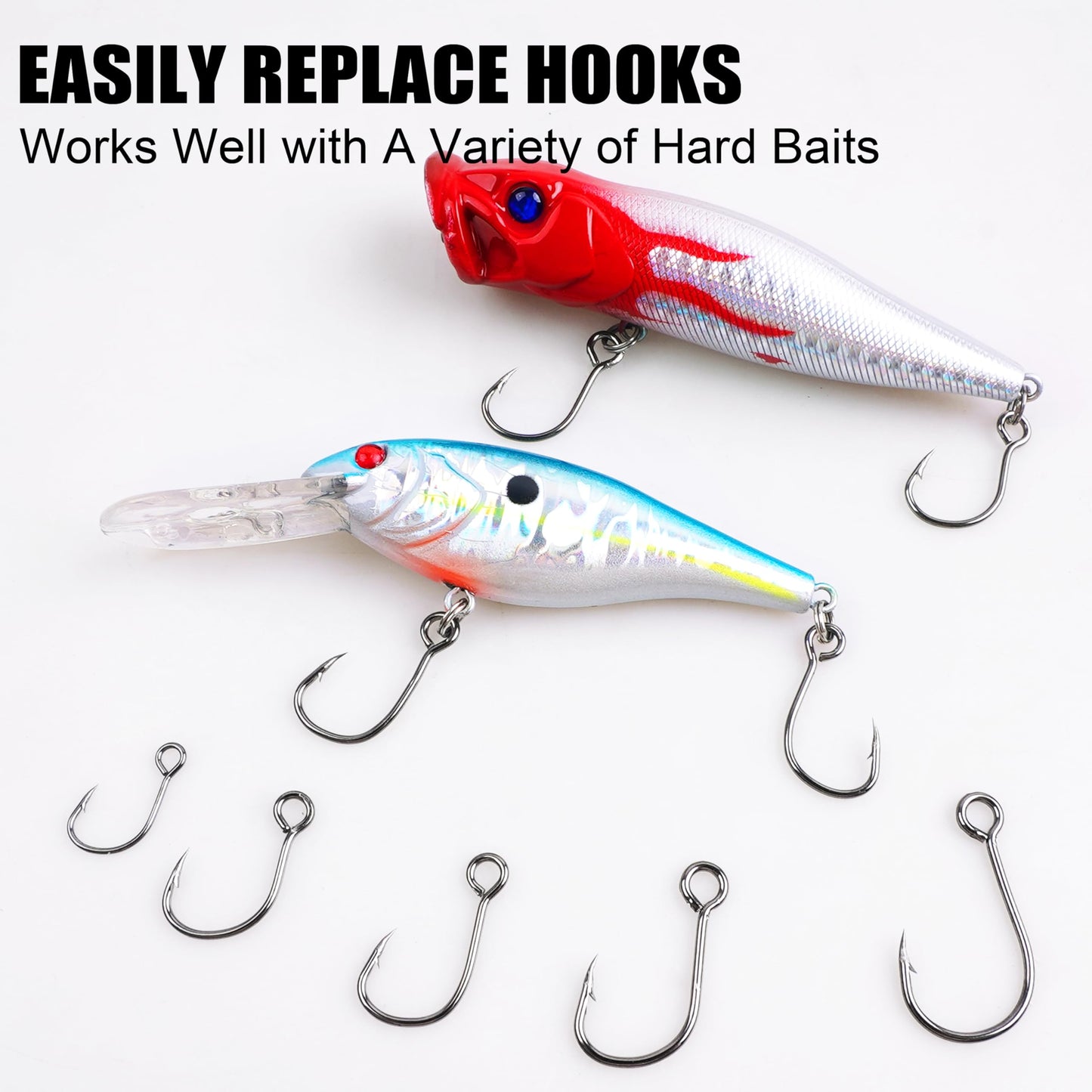 150pcs Inline Single Hooks Kit Fishing Replacement Hooks for Lure Plugs Baits Large Eye Inline Circle Hook with Split Rings Freshwater Saltwater Fishing Tackle
