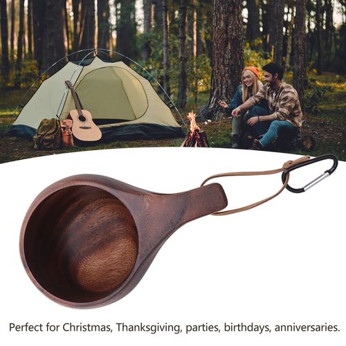 Tissting Wood Camp Mug 230ml Log Wood Grain Camping Coffee Cup with Wooden Handle and Lanyard, Nordic Drinking Cup for Coffee Tea Milk(Brown)