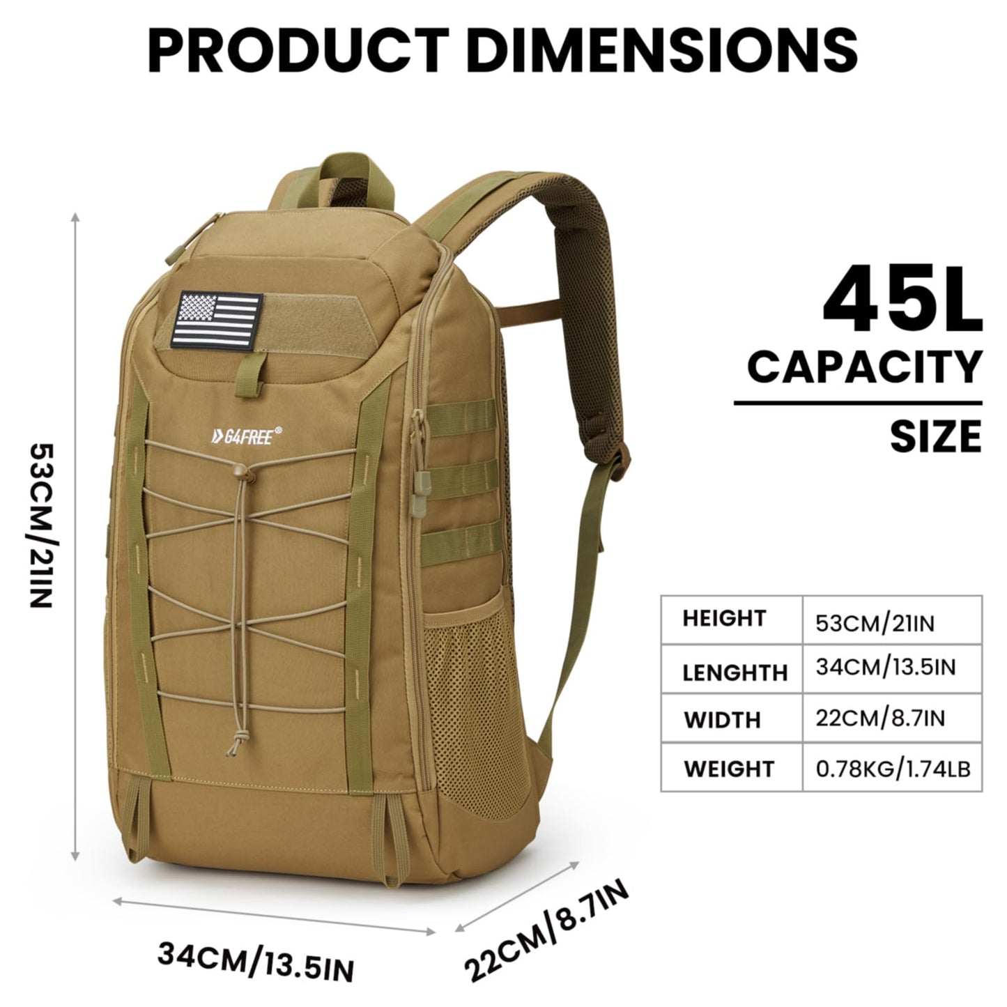 G4Free 45L Military Tactical Backpack 3 Day Assault Survival Molle Pack for Hiking Camping Traveling(Tan)