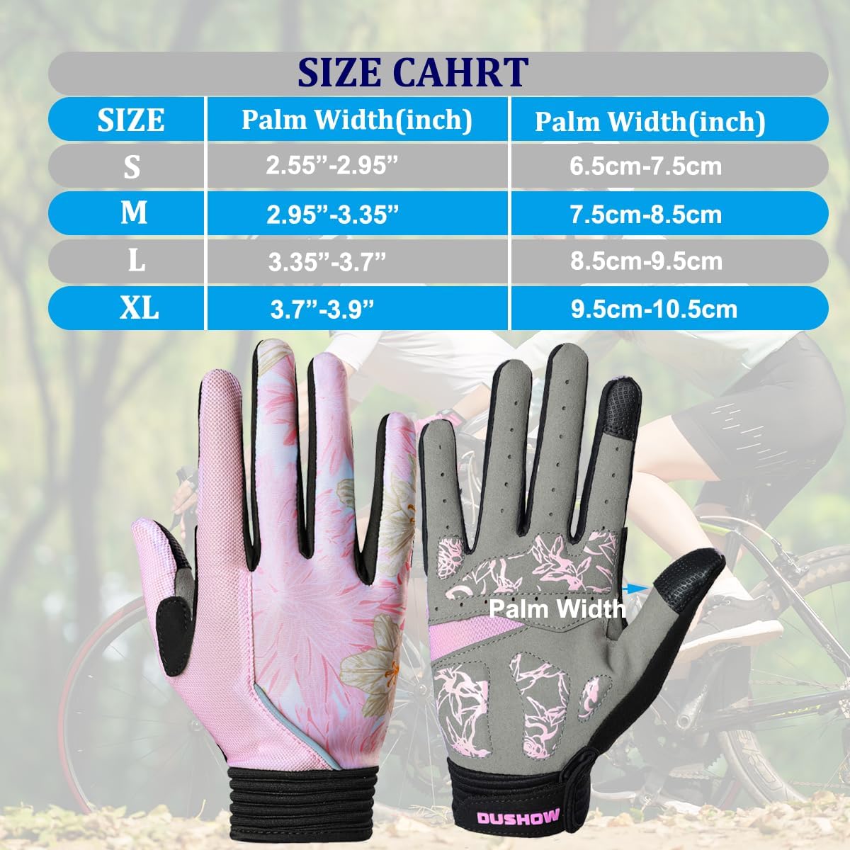 Pink Floral Cycling Gloves for Women | Full Finger Gel Padded Workout Gloves