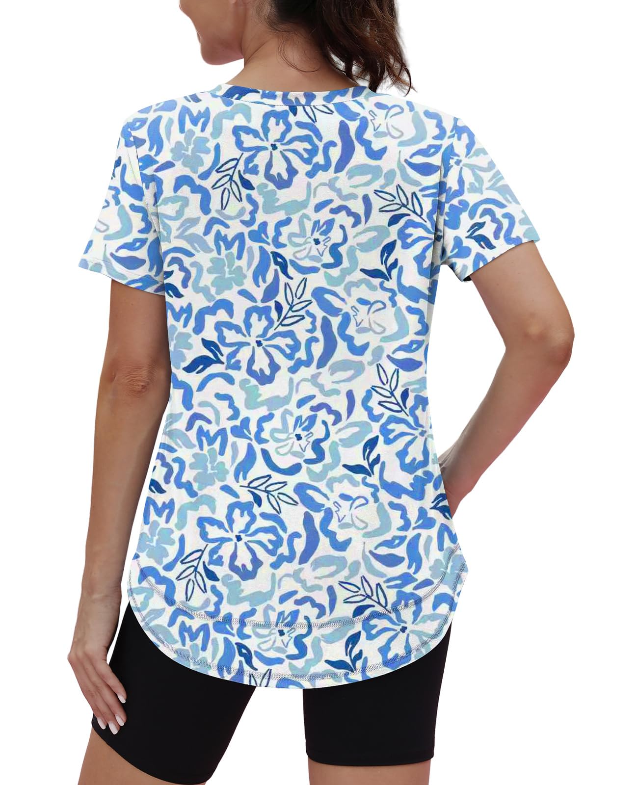 Spring Summer Tops for Women Short Sleeve Hiking Shirts Athleisure Golf Shirt Beach Fashion Curved Hem Loose Fit Blue XXL