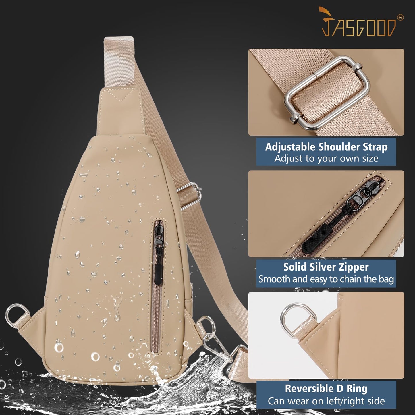 JASGOOD Sling Bag for Men Women - Crossbody Faux Leather Fanny Pack, Waterproof Chest Bag Backpack for Travel, Hiking - Khaki
