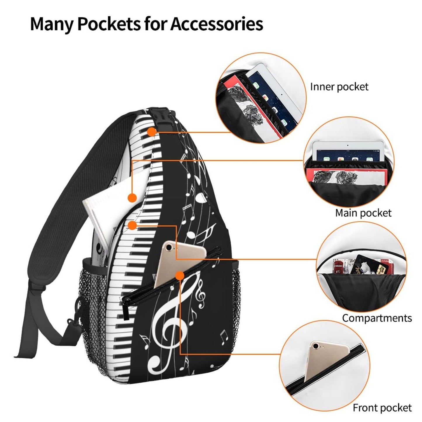 NiuKom Piano Keys Music Note Sling Backpack Crossbody Sling Bag for Women Men Shoulder Bag Travel Hiking Daypack