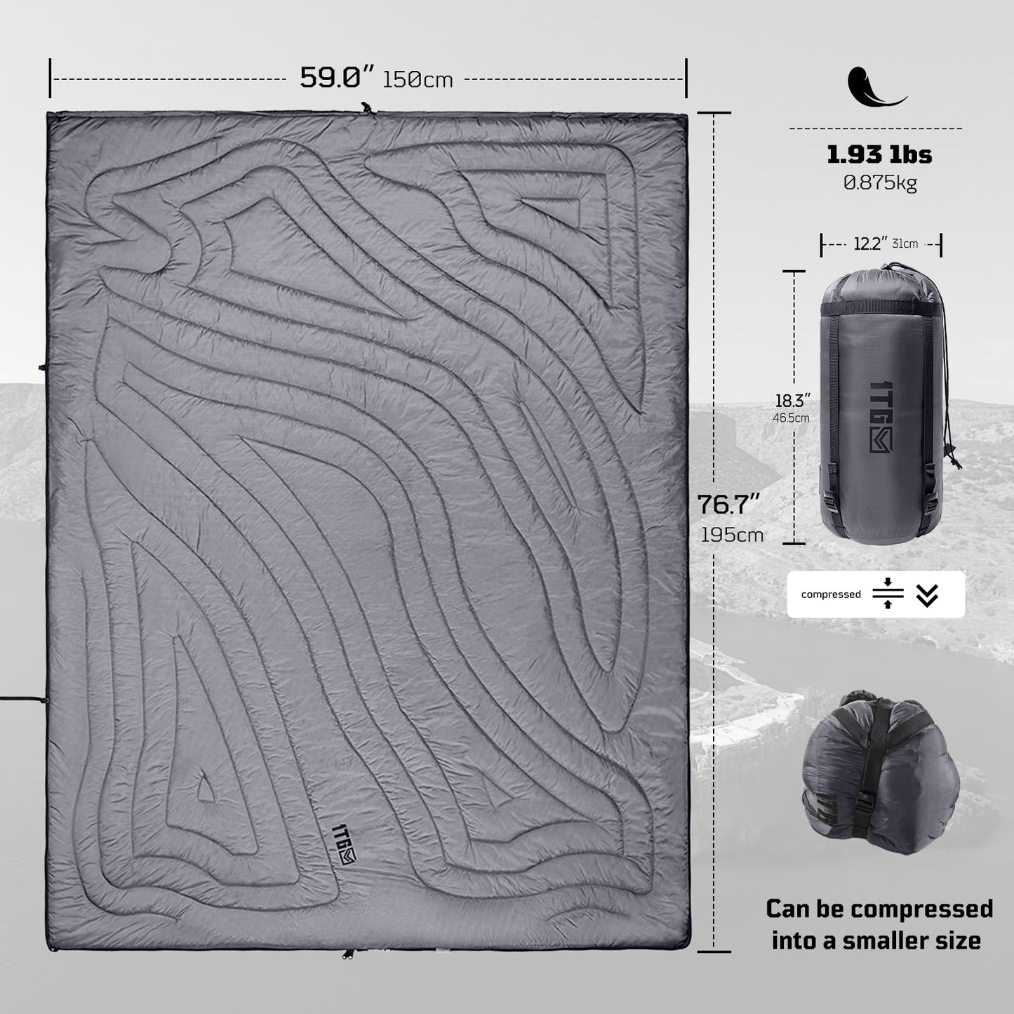 1TG Tactical Camping Blanket, Packable, Lightweight Warm Camp Quilt with Zipper, Multifunctional Outdoor Sleeping Blanket for Backpacking, Travel, Hammock - Gray