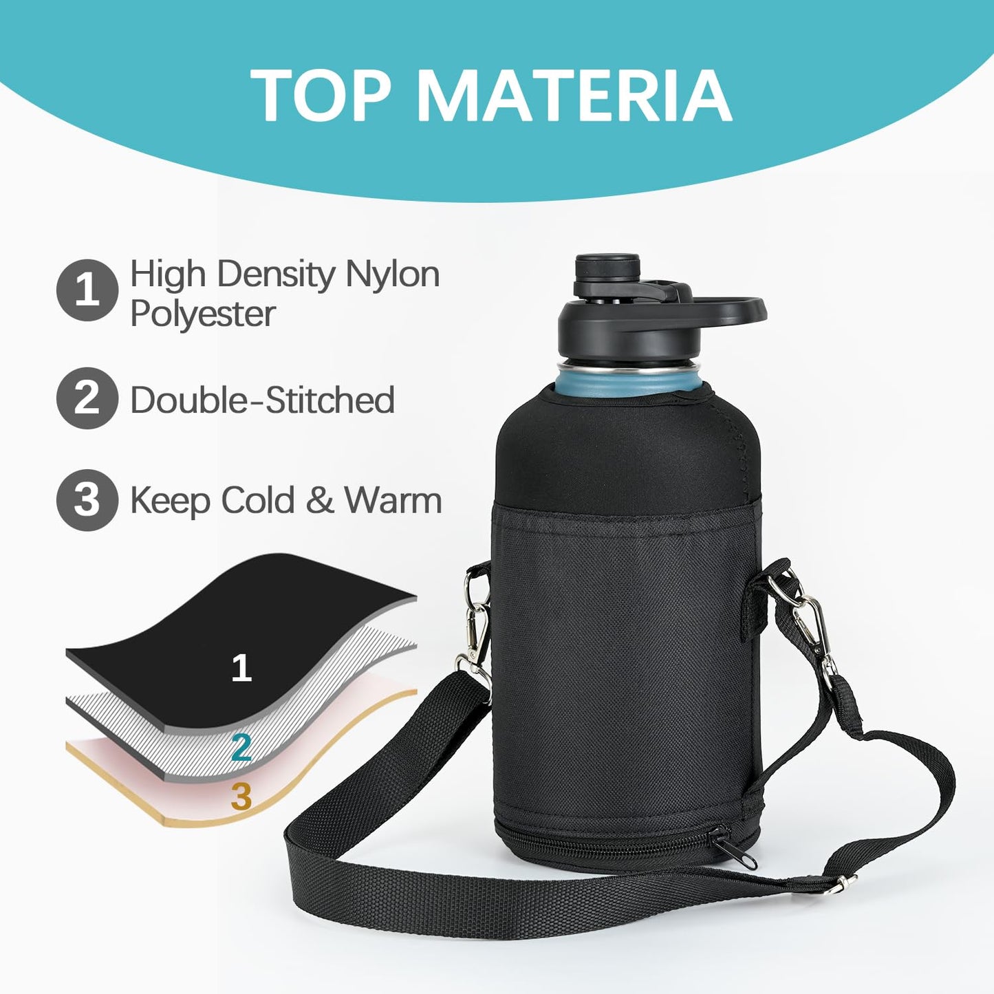 RAYMYLO Water Bottle Holder Carrier Bag Crossbody with Adjustable Shoulder Strap, 64 128 oz Sports Water Bottle Sleeve Accessories for Biking Hiking Travelling Camping, Black