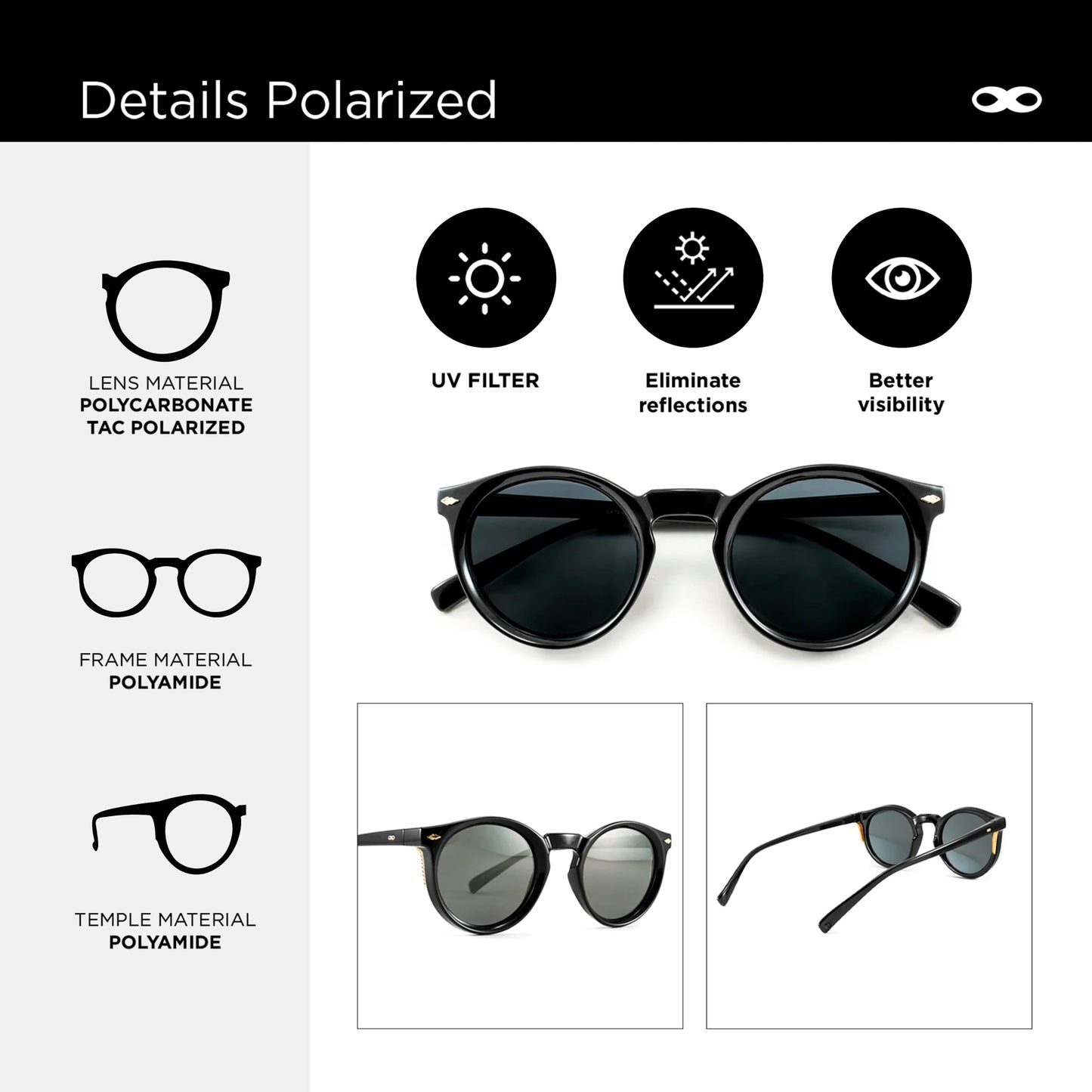 INFINIT Holbox Black Shinny Frame Grey Polarized Lens UV400 Lightweight Sunglasses for Men and Women