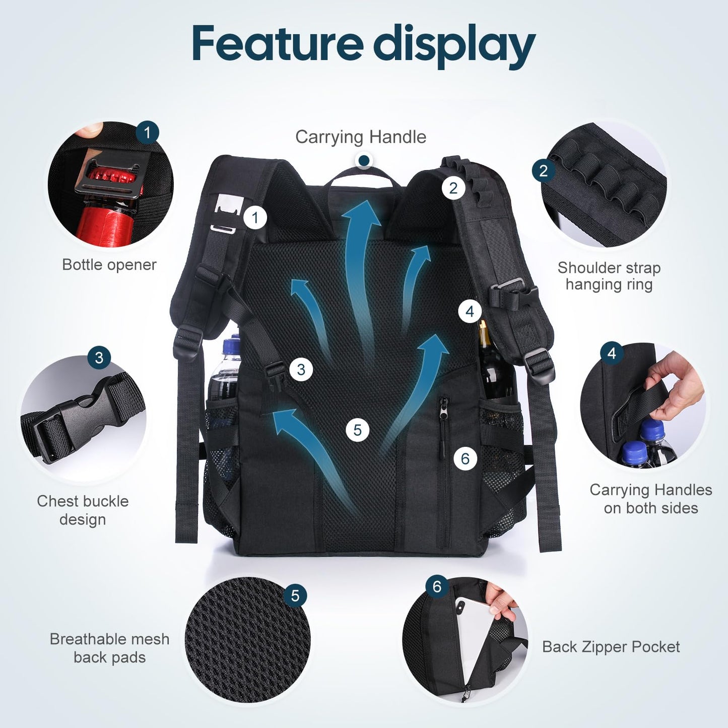 DEWUR Cooler Backpack 45 Can Large Capacity Insulated Backpack, Waterproof and Leak-Proof, Portable with Bottle Opener, Perfect for Picnics, Camping, Beach, Hiking,Shopping, 35L (Black 45Can)
