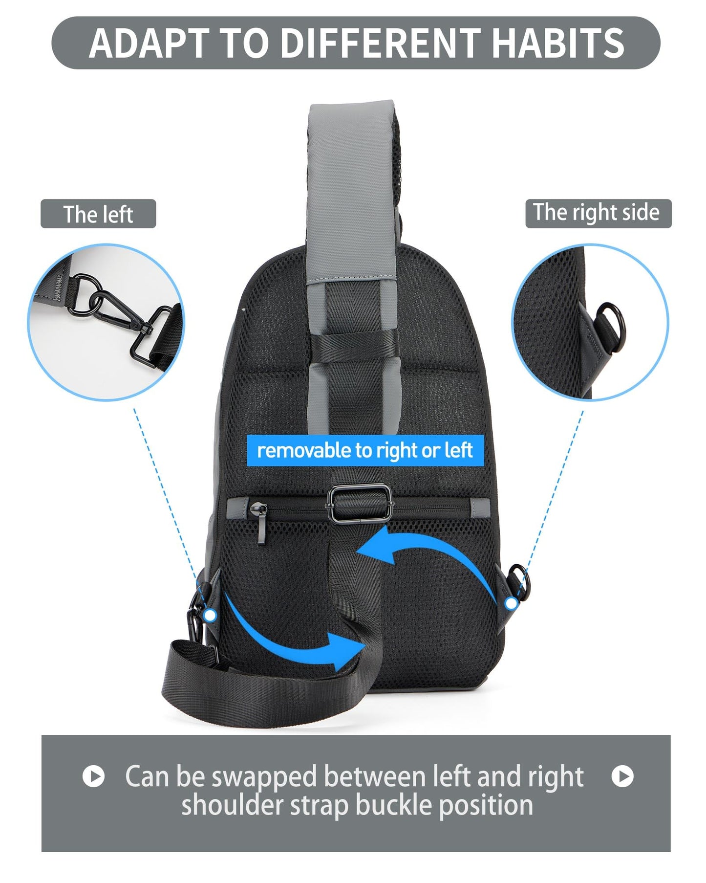 Grey Sling Bag for Men Women, Small Anti Theft One Strap Motorcycle Backpack Sling Tactical Chest Bag for Swimming Diving Outdoor Sports