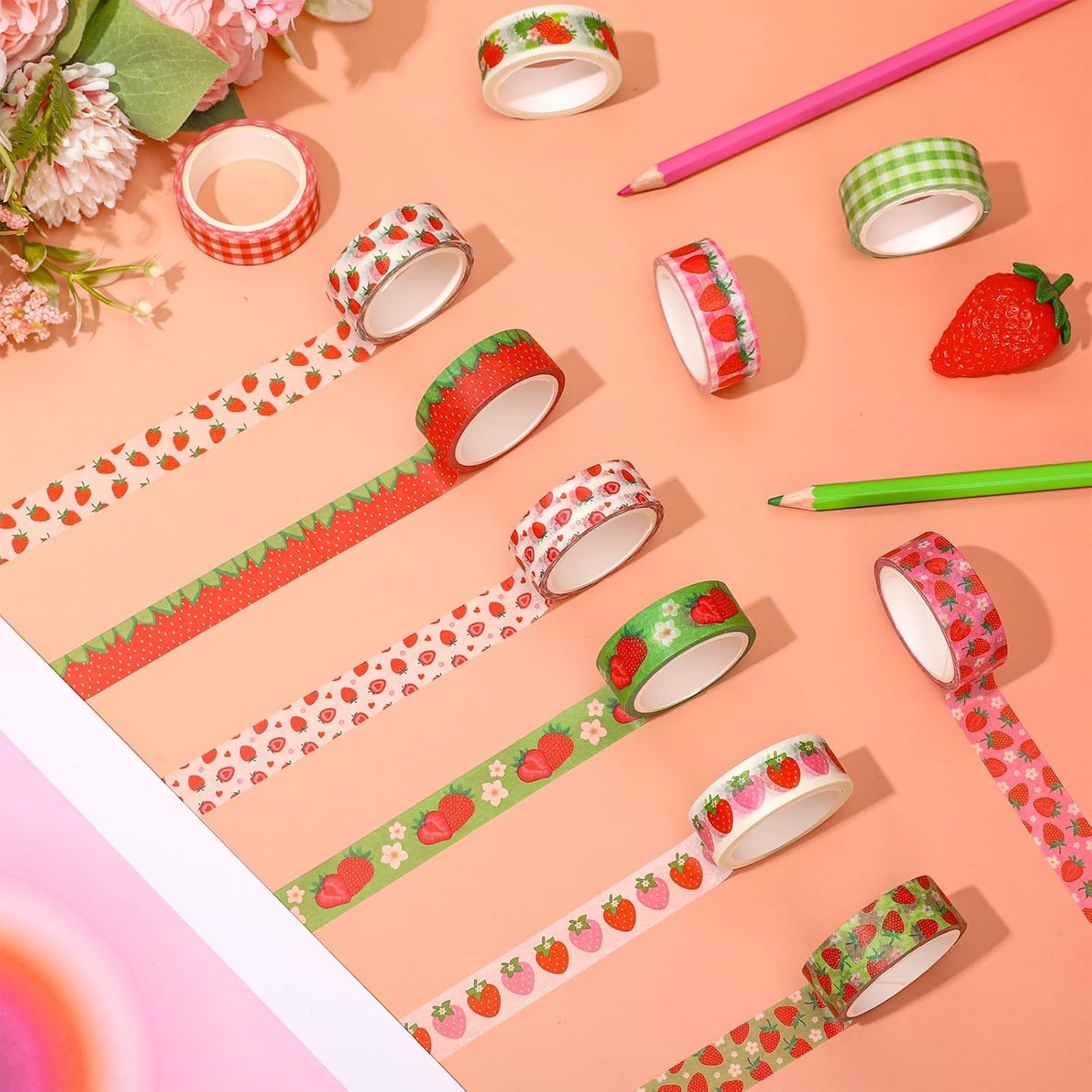 12 Rolls Strawberry Washi Tape Sweet Red Berry Decorative Masking Tape Set Summer Fruit Wrapping Paper Tapes for Scrapbook Journal DIY Art Crafts