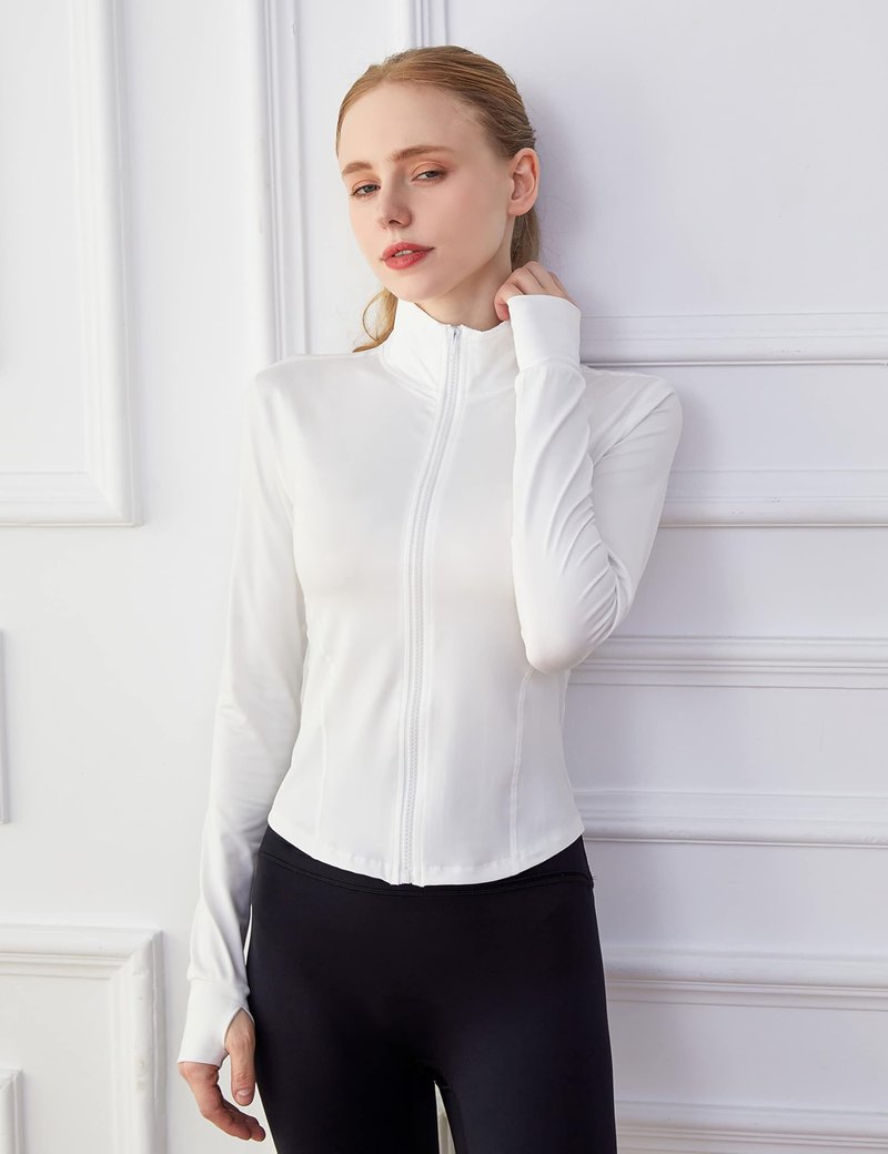 Lviefent Womens Lightweight Full Zip Running Track Jacket Workout Slim Fit Yoga Sportwear with Thumb Holes (White, Small)