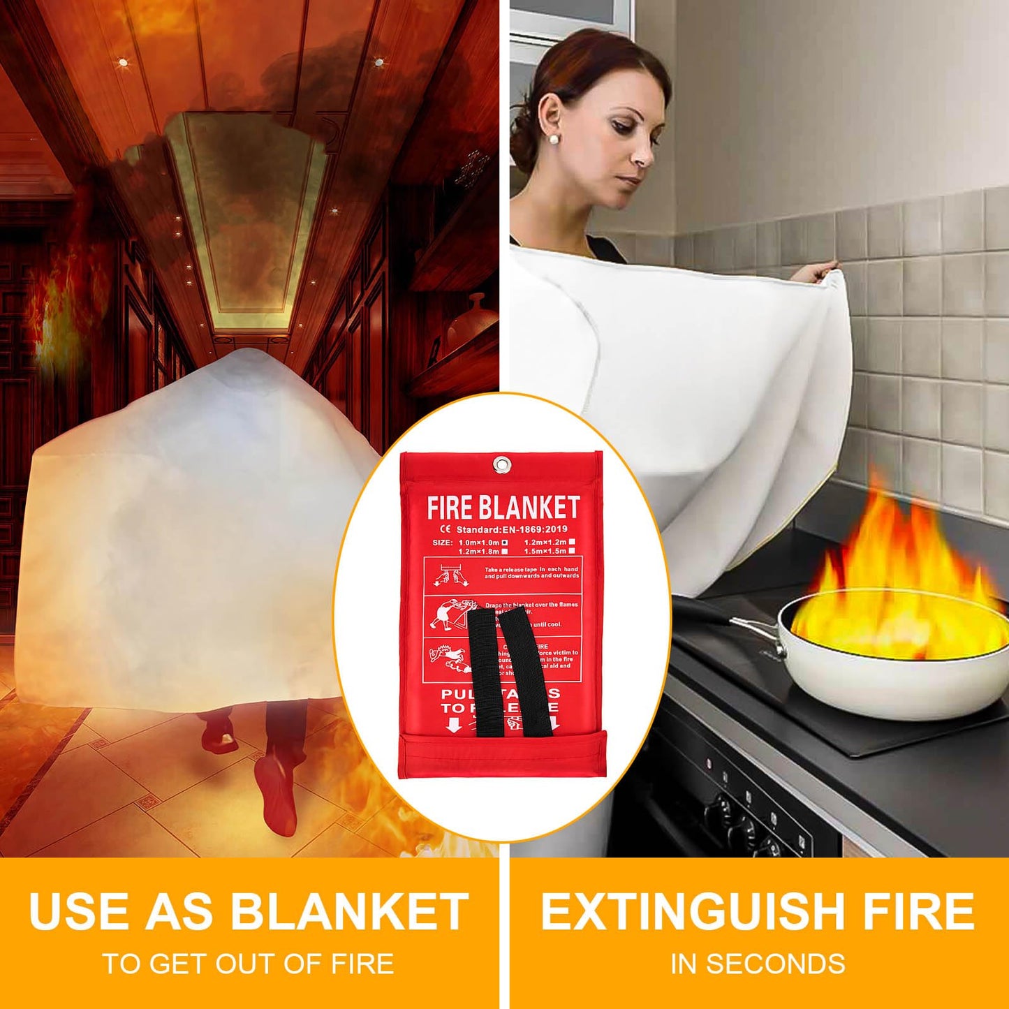 JT JUSTIME Fire Blanket Emergency for Home Kitchen, Fiberglass Fire Suppression Blanket for School, Fireplace, Outdoor Grill, Car, Office, Warehouse (1 Pack)