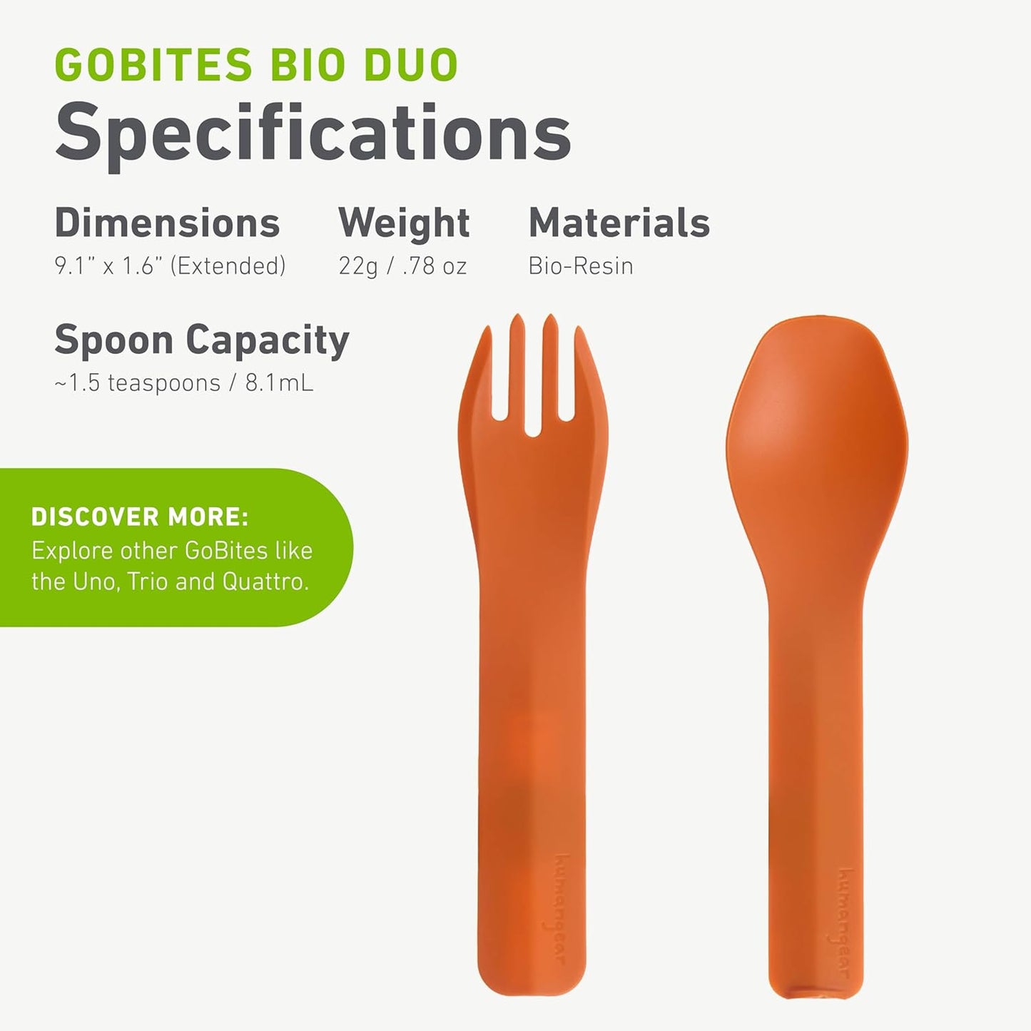 humangear GoBites Duo and Bio Duo Travel Silverware, Full Size Portable Fork & Spoon, Reusable Utensil Set, PC and BPA-free, Food-Safe Nylon or Plant-Based Resin, Extended - 9.1” X 1.6”
