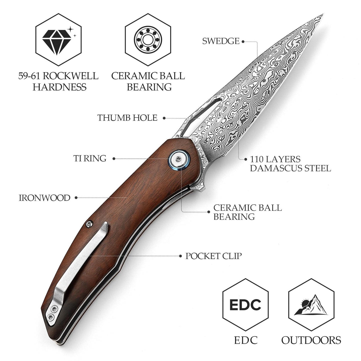 TRIVISA 3.62'' Damascus Folding Pocket Handmade Knife for Men With Clip, Front Flipper Utility Knife for Best EDC Outdoor Camping Hiking Work Knives,Ironwood Handle &Ti Ring.Taurus-01i