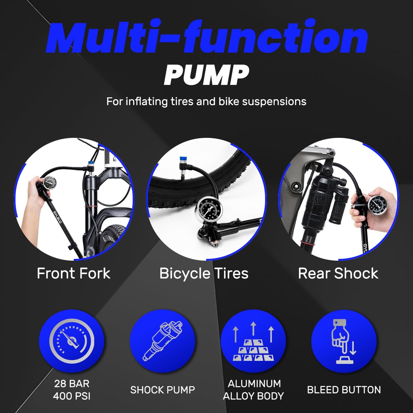 Gylbuz High Pressure Shock Pump: Bike Shock Air Pump with Gauge 400 PSI for Front Fork and Rear Suspension for Mountain Road Bicycle Fits Schrader Valve