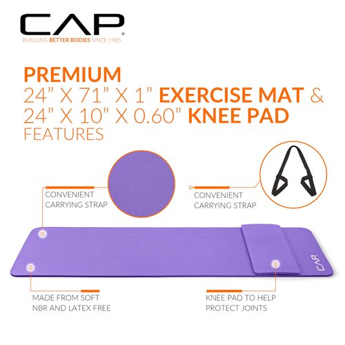 CAP Barbell High Density Exercise Yoga Mat with strap and Knee Pad 71"x24"x1/2" PURPLE