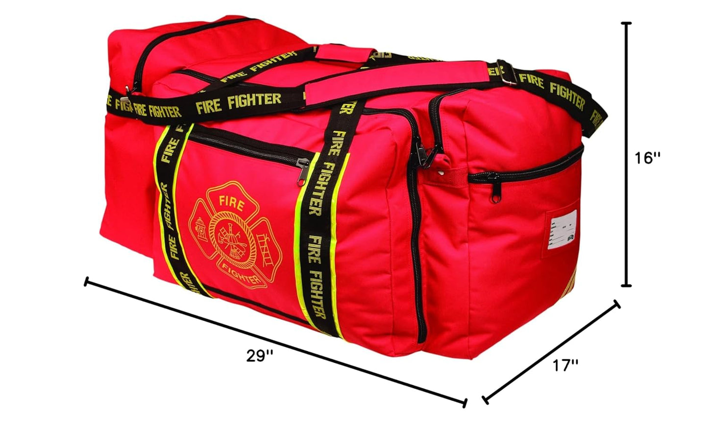 OccuNomix OK-3000 Large Gear Bag, “Firefighter” Woven In Reflective Trim Along Bag Straps, Maltese Cross Logo, 3 Compartments with 2 Outside Zip Pockets, 29” x 17” x 16”, Red