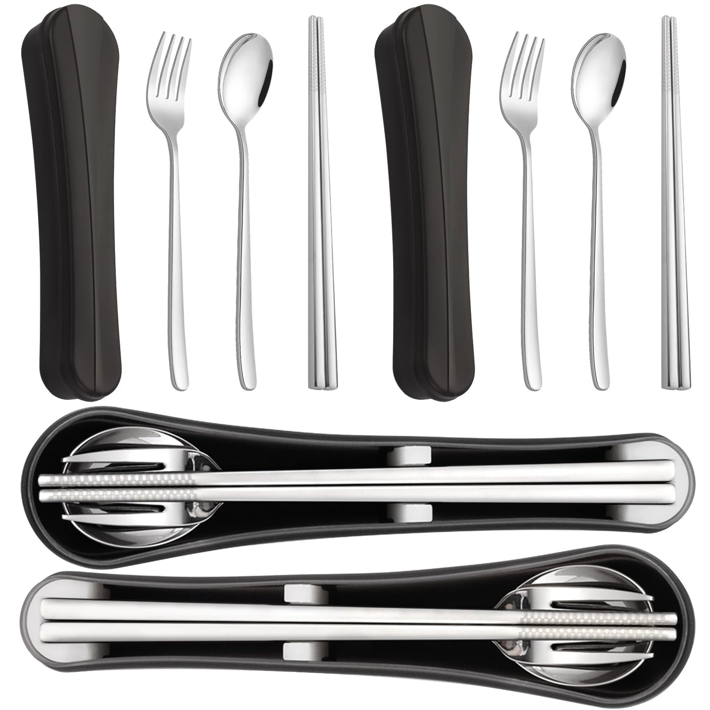 2 Pack Travel Utensils with Case, PHILIPALA Portable Reusable Silverware Set for Lunch Work Picnic, 18/8 Stainless Steel Camping Cutlery Set Includes Fork Spoon Chopsticks(Silver)