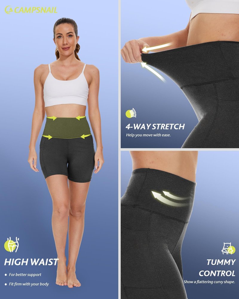 CAMPSNAIL Biker Shorts Women with Pockets - 3"/5"/8" High Waisted Workout Spandex Tummy Control Gym Running Yoga Shorts Dark Grey-Heather