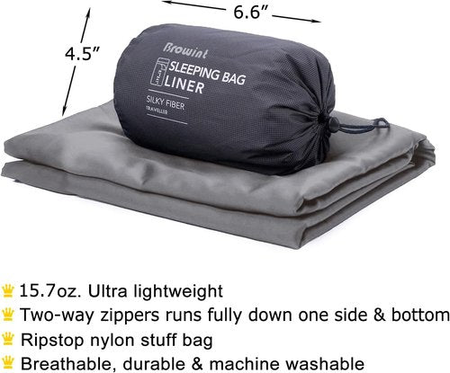 Browint Premium Silky Sleeping Bag Liner with Two-Way Zippers, 87"x41" Extra Wide Adult Sleep Sack for Hotel, Breathable Lightweight Travel Sheet, Multifunctional Bed Sheet for Camping, All Seasons