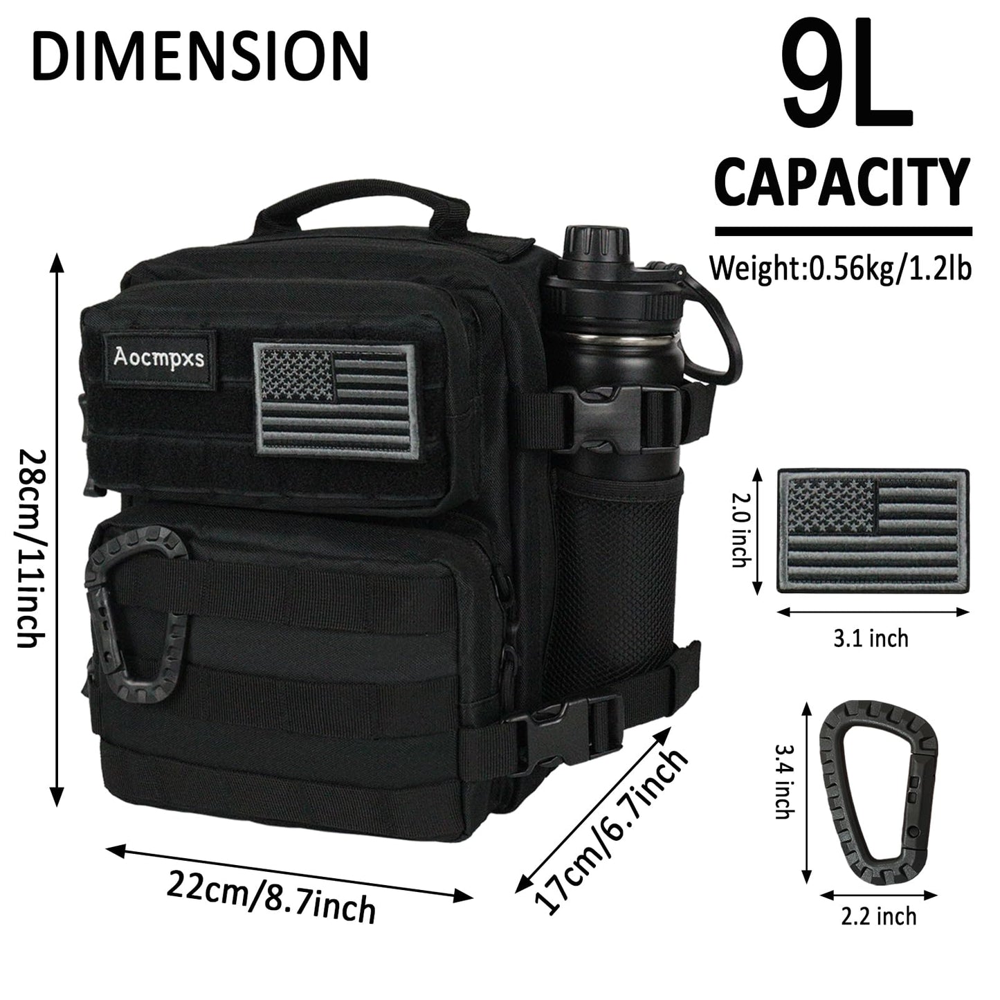 Aocmpxs Mini Tactical Backpack, 9L Small Gym Backpacks Sport Bag for Men Women Molle Military Pack with US Flag Patch and Carabiner (Black)