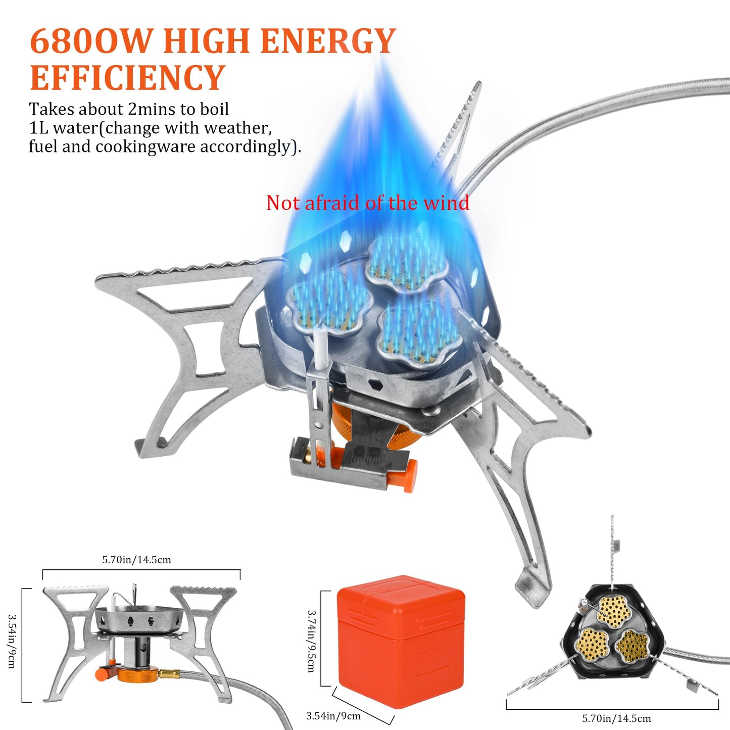 6800W Camping Backpacking Stove, Outdoor Portable Burner Cooking Stove with Fuel Canister Adapter, Piezo Ignition, Carry Case, Foldable Windproof Camping Gas Stove for Picnic Hiking