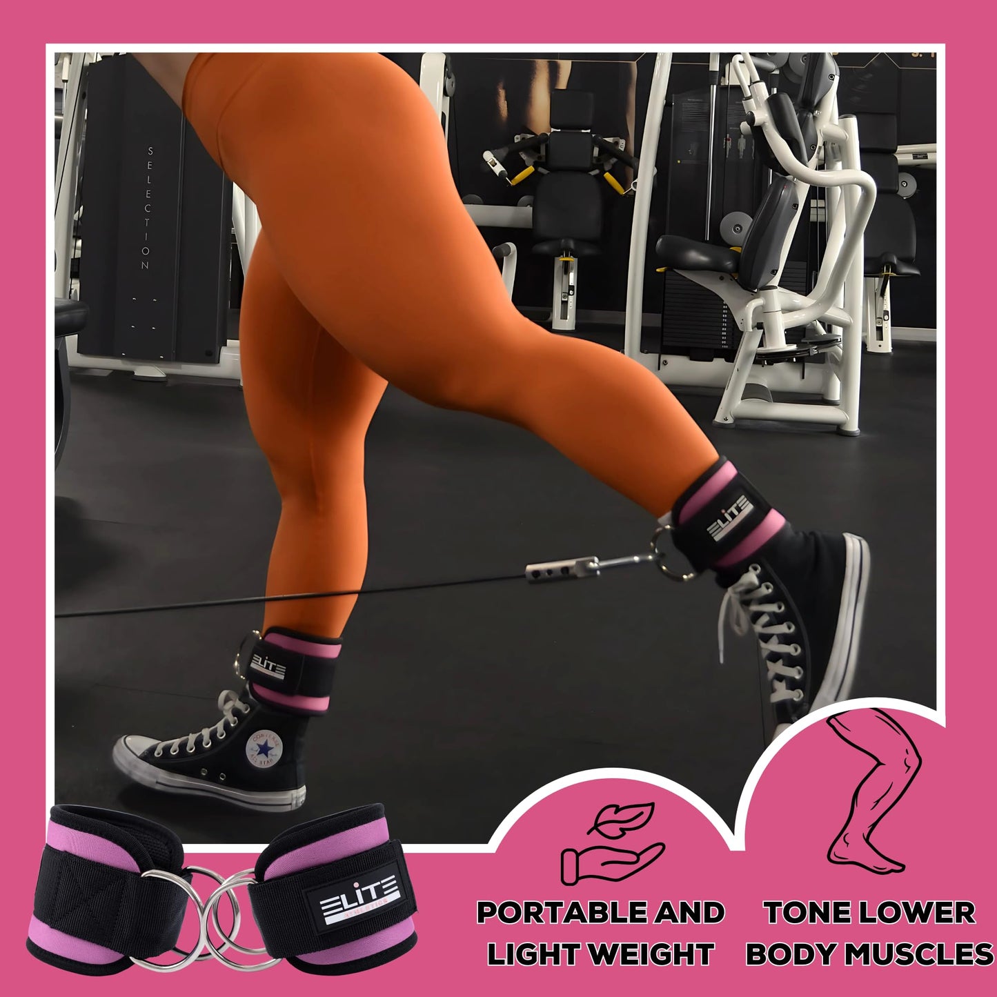 Elite Athletics Ankle Strap for Cable Machine Attachment, Gym Ankle Cuff for Cable Kickback, plus Wrist Straps for Weightlifting and Carry Bag (pink)